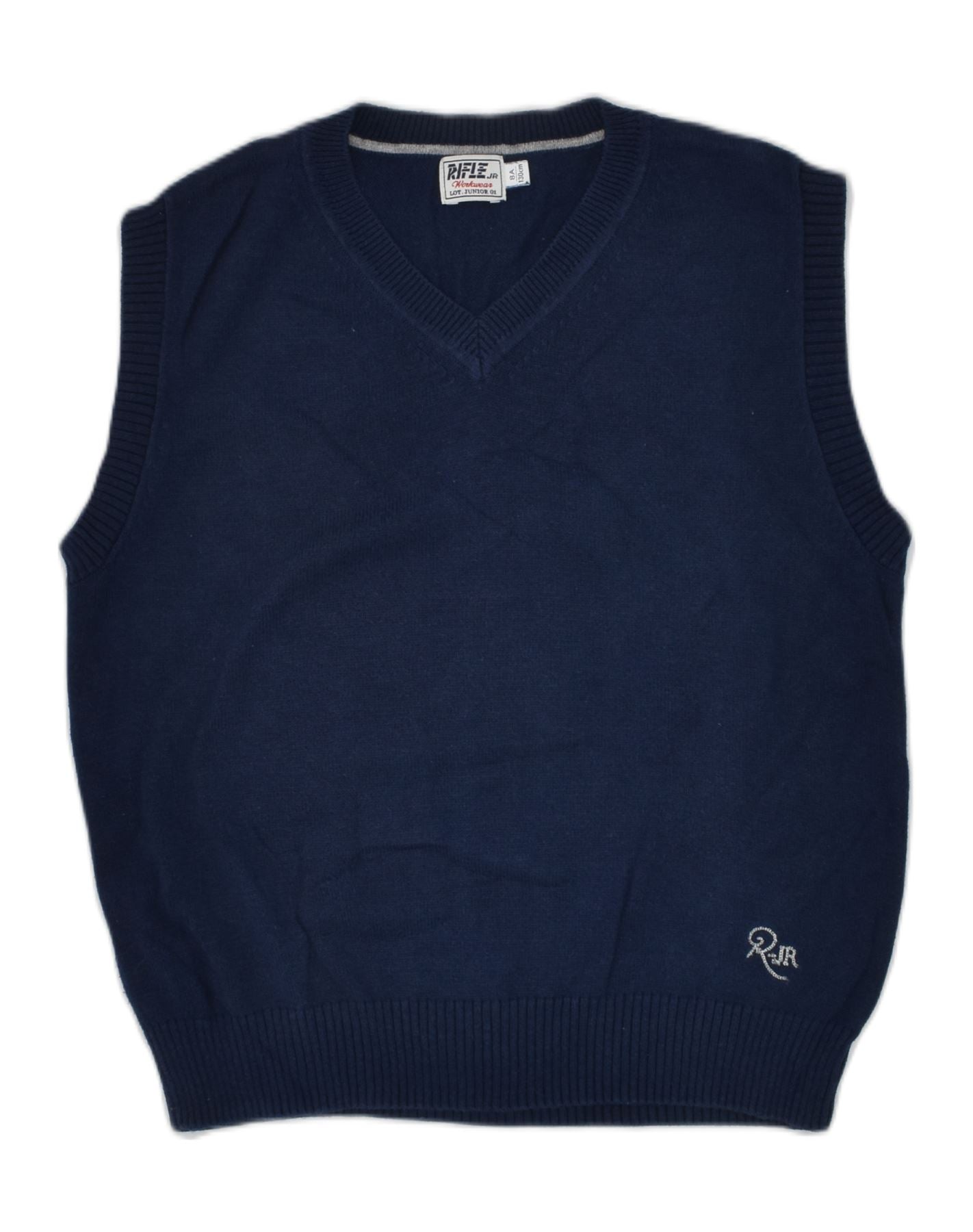 image of RIFLE Boys Sleeveless V-Neck Jumper Sweater 7-8 Years Navy Blue Cotton