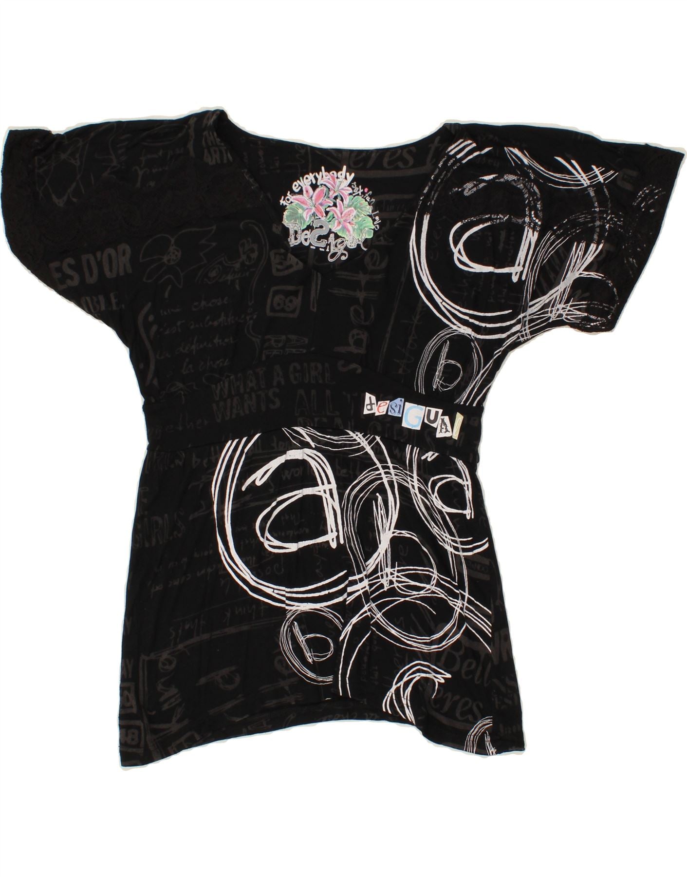 Image of DESIGUAL Womens Graphic Blouse Top UK 12 Medium Black