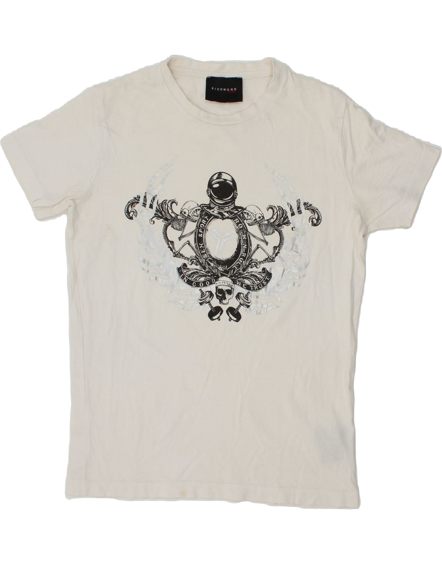 image of RICHMOND Mens Graphic T-Shirt Top XS White Cotton