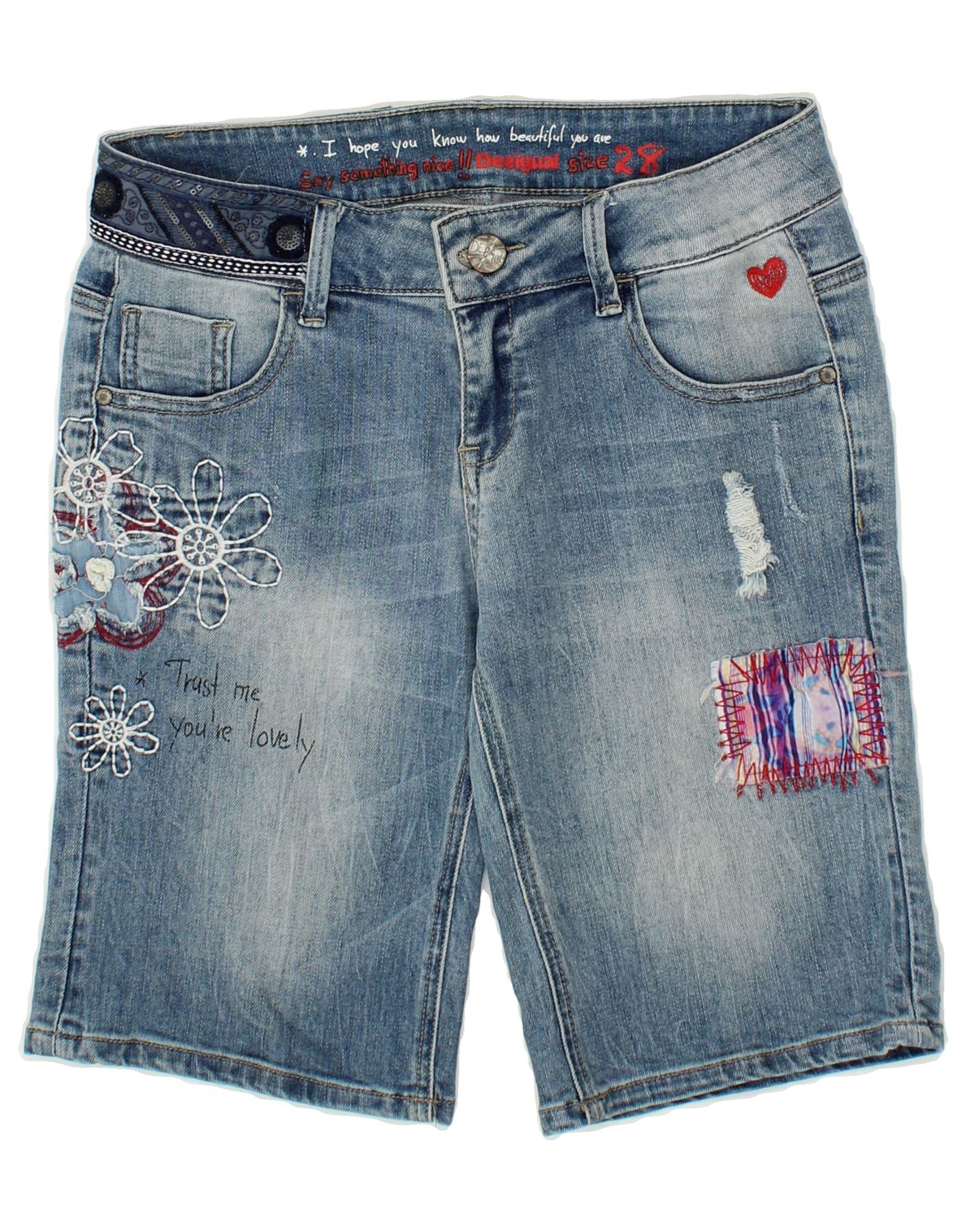 image of DESIGUAL Womens Graphic Denim Shorts W28 Medium Blue Patchwork Cotton