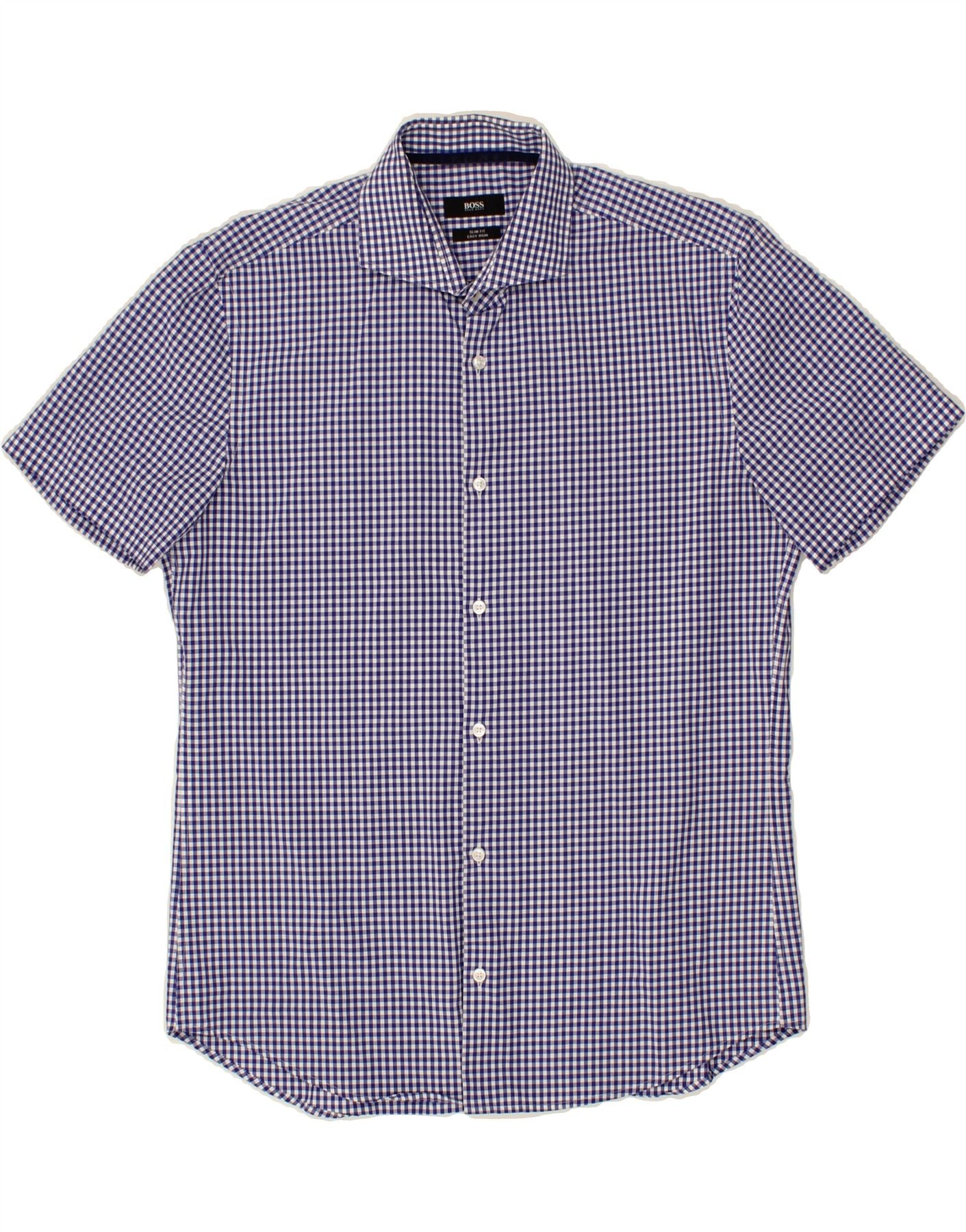 image of HUGO BOSS Mens Slim Fit Short Sleeve Shirt Large Navy Blue Gingham