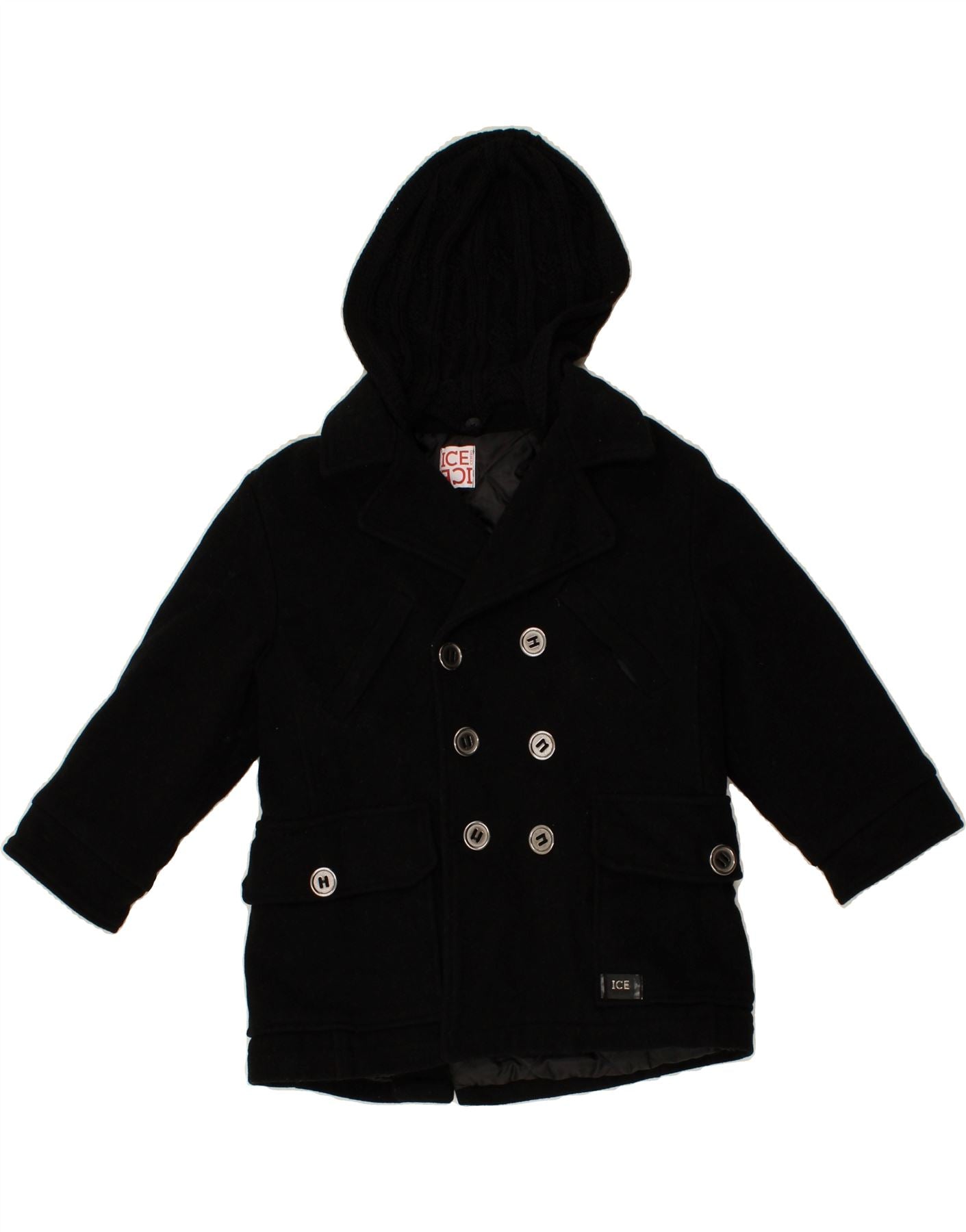 image of ICEBERG Boys Hooded Double Breasted Coat 5-6 Years Black Wool