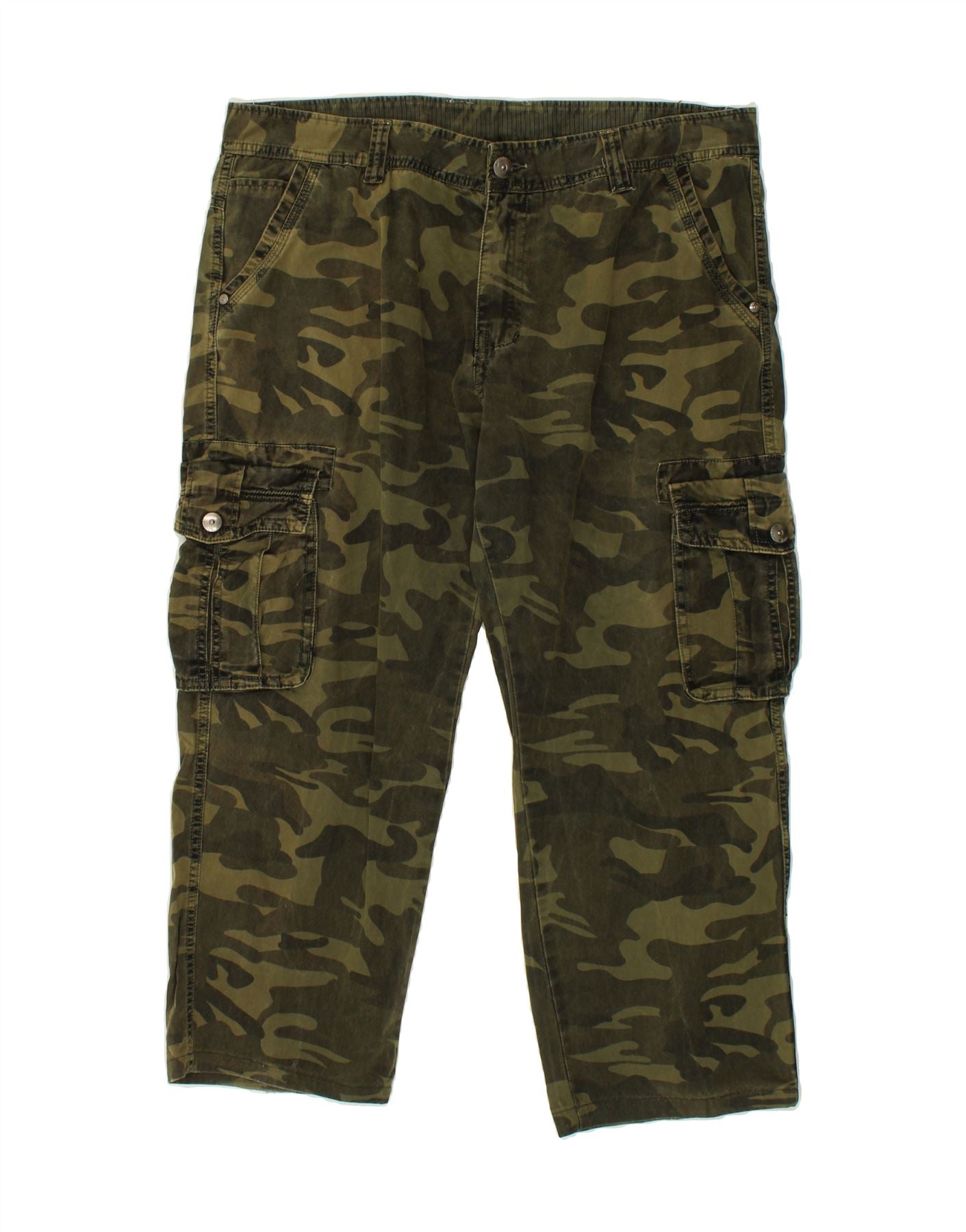 image of VINTAGE Mens Straight Cargo Trousers W40 L26  Green Camouflage Cotton