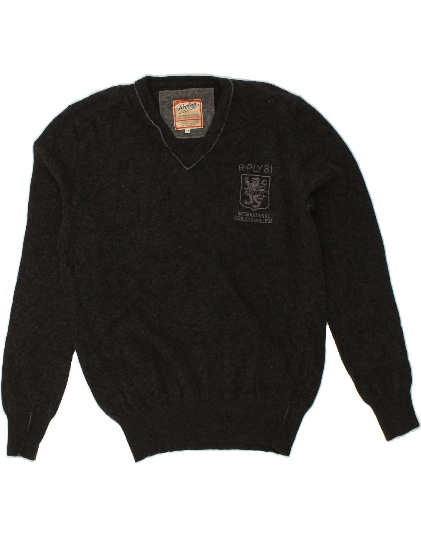 image of REPLAY Mens Slim Fit Graphic V-Neck Jumper Sweater 2XL Grey Wool