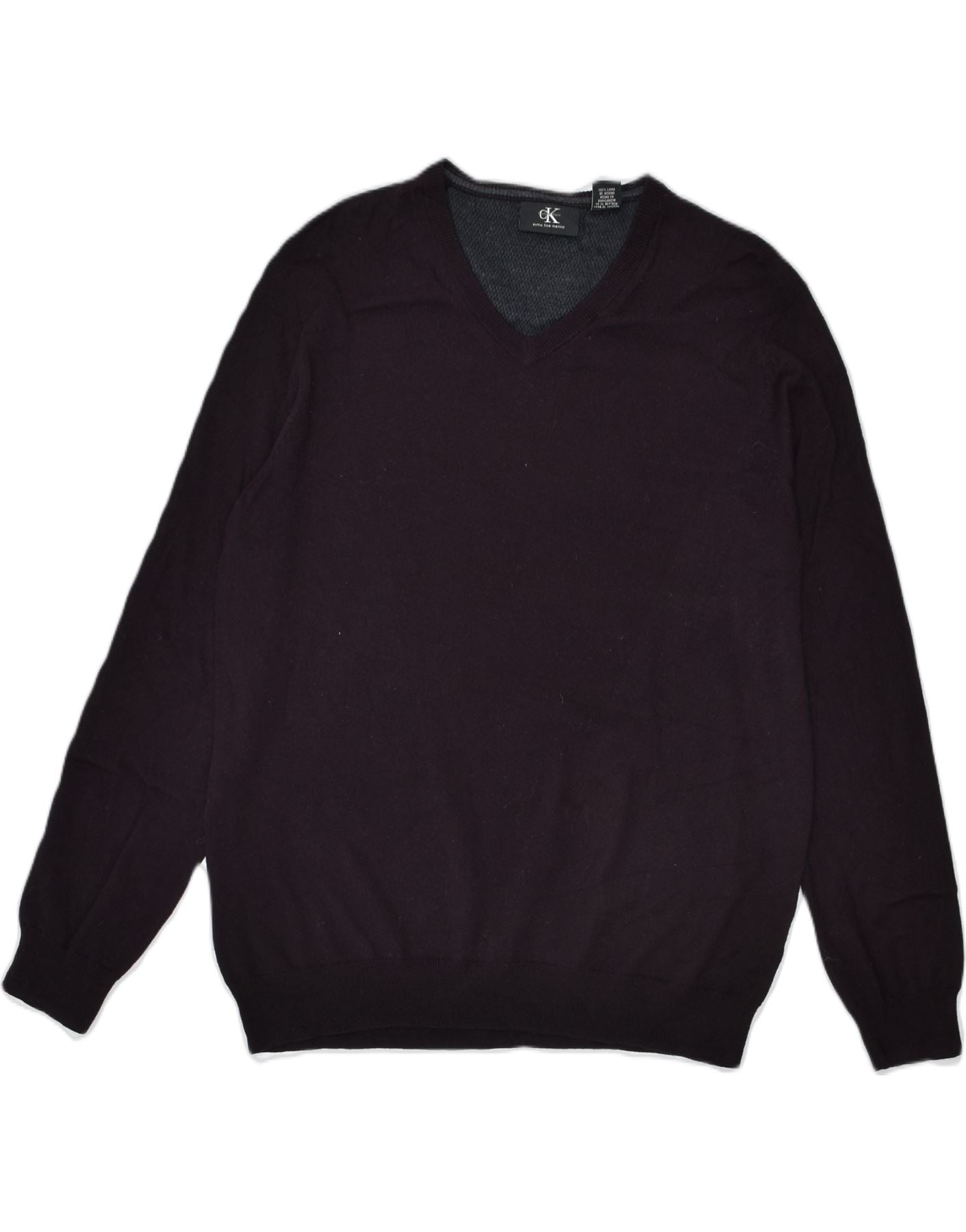 Image of CALVIN KLEIN Mens V-Neck Jumper Sweater Large Purple Merino Wool