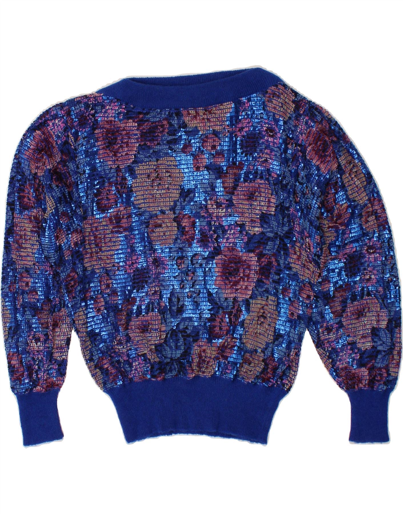 image of VINTAGE Womens Boat Neck Jumper Sweater UK 14 Large Blue Floral