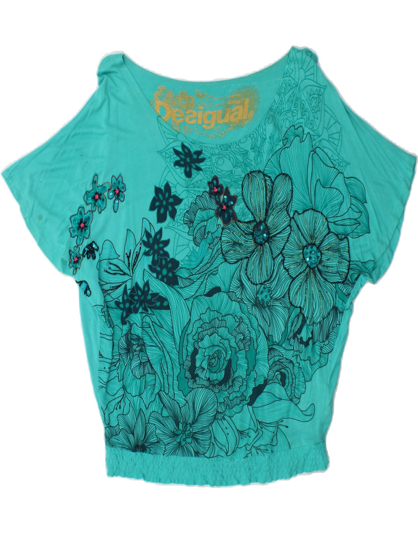 image of DESIGUAL Womens Graphic Overshirt Blouse Top UK 10 Small Turquoise Floral