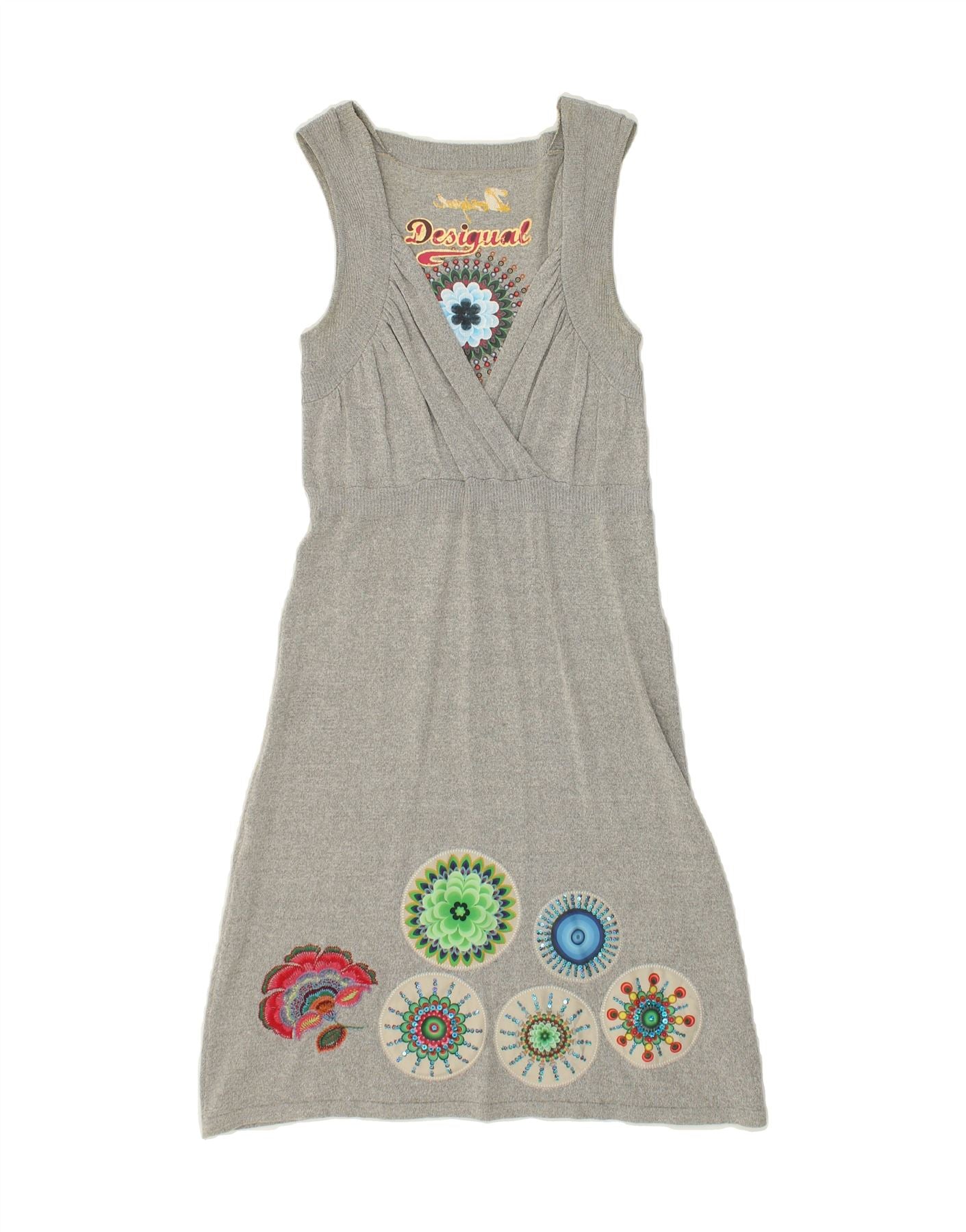 image of DESIGUAL Womens Graphic A-Line Dress UK 12 Medium Grey Floral Cotton