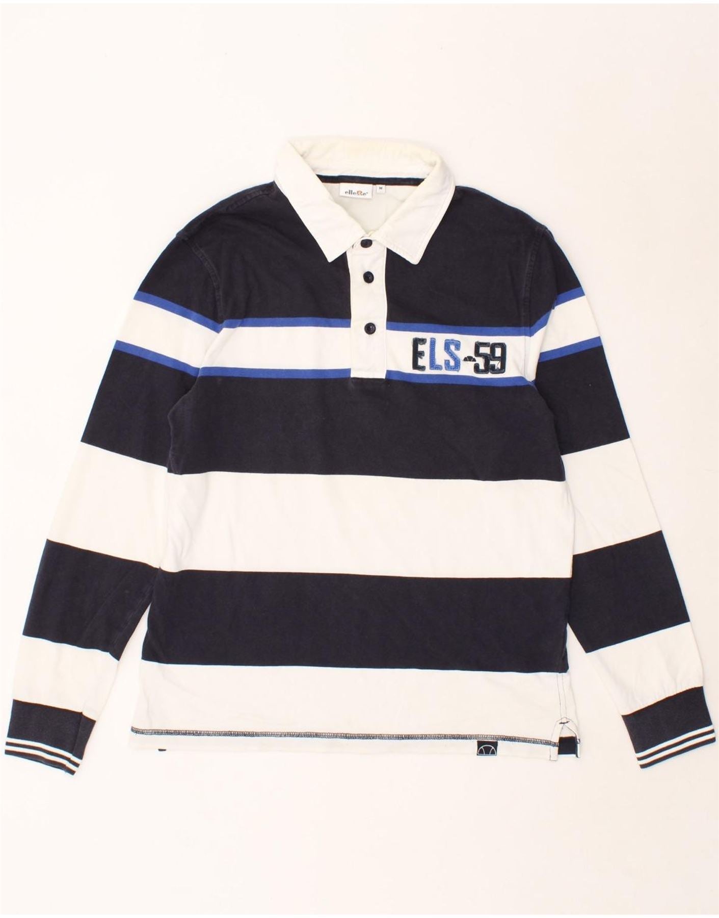 image of ELLESSE Mens Graphic Long Sleeve Rugby Polo Shirt Medium Navy Blue Striped