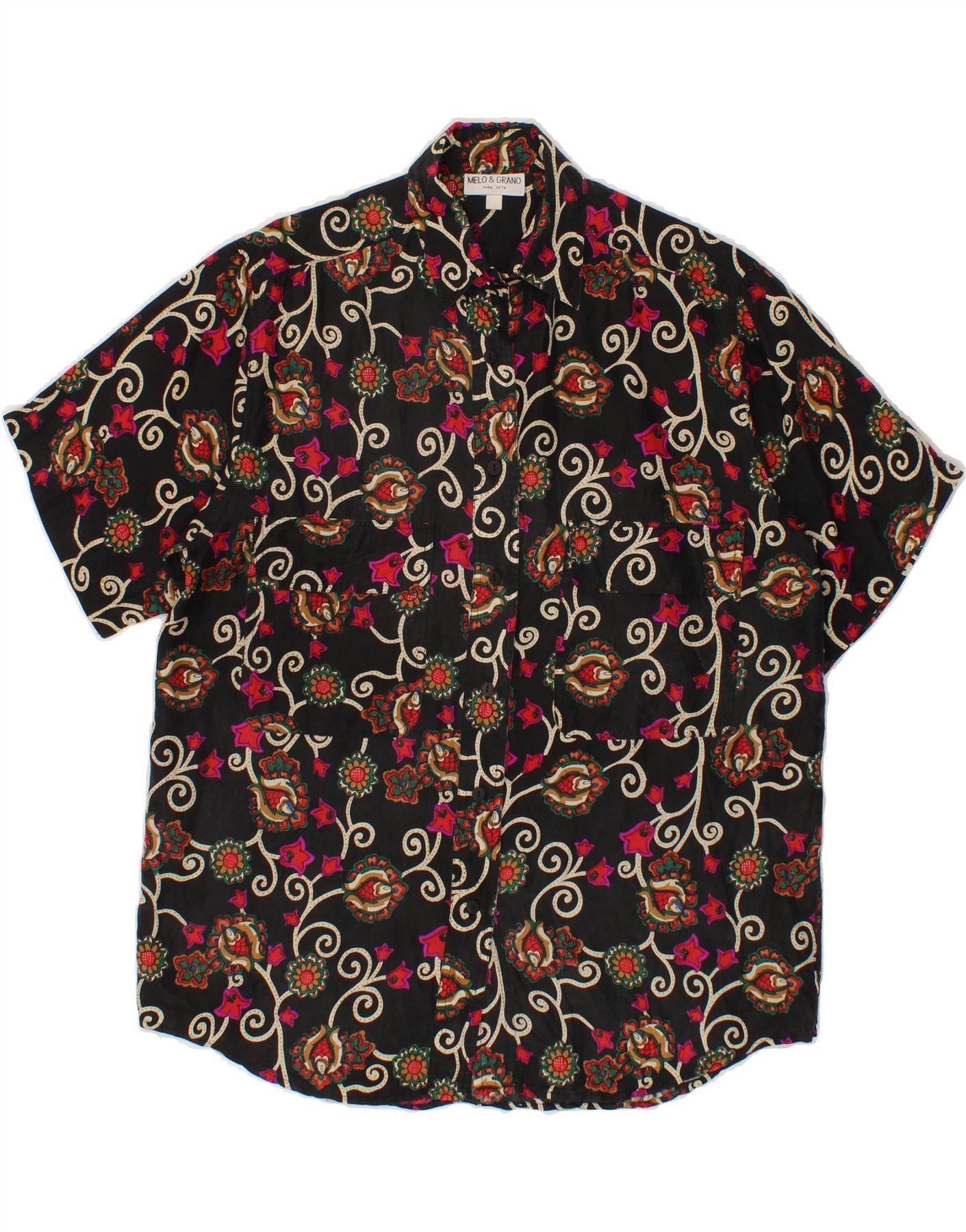 image of VINTAGE Womens Short Sleeve Shirt UK 14 Medium Black Floral Silk