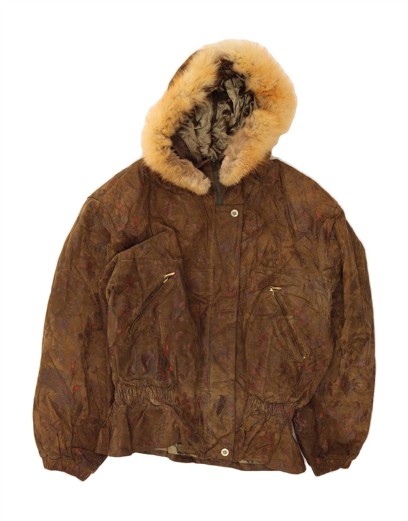 image of YESSICA Womens Hooded Leather Jacket UK 16 Large Brown Floral Leather