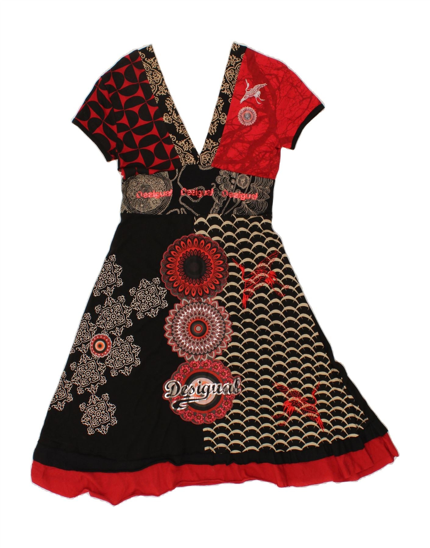 image of DESIGUAL Womens Graphic A-Line Dress UK 12 Medium Black Colourblock Cotton