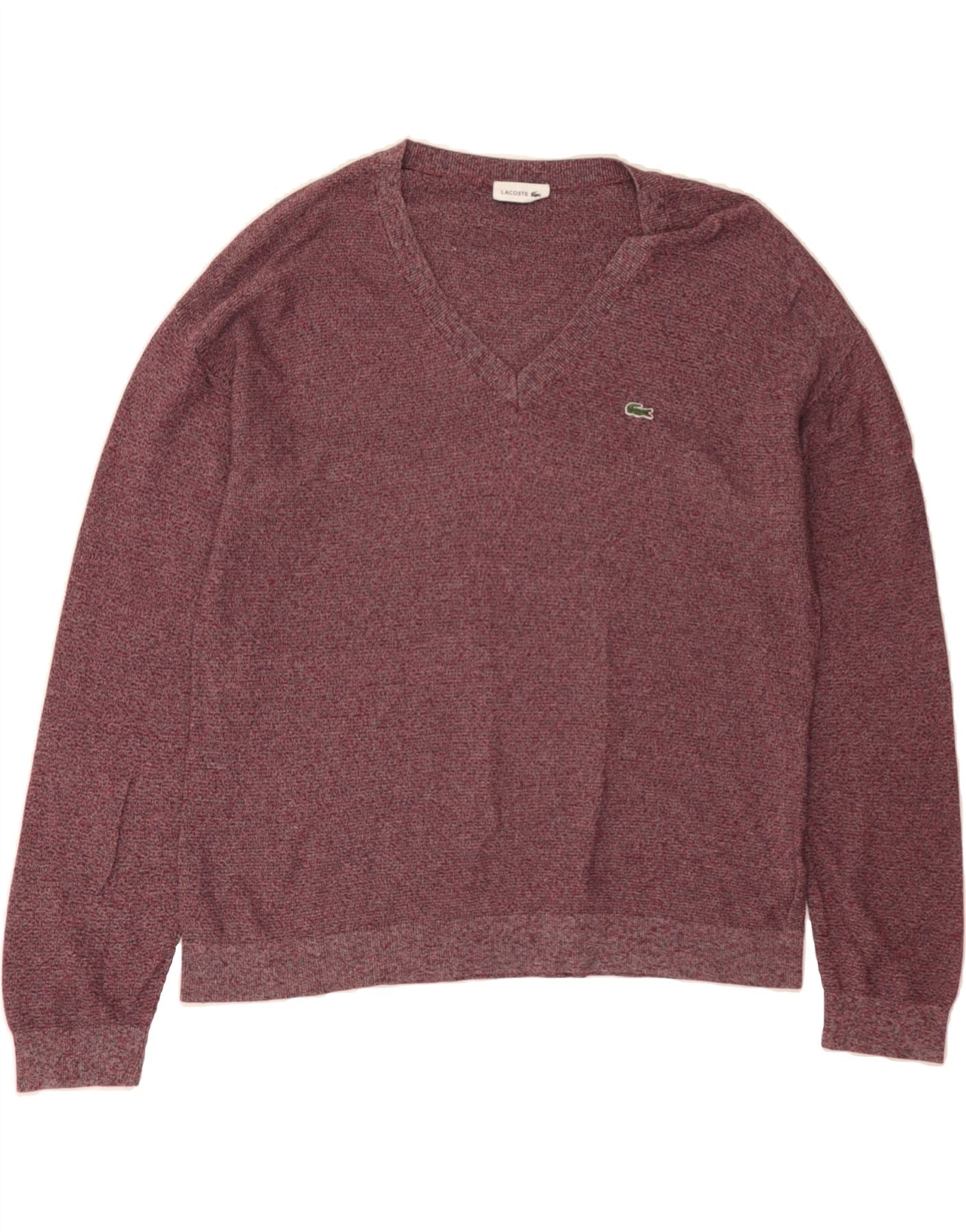 image of LACOSTE Mens V-Neck Jumper Sweater Size 46 2XL Burgundy Cotton