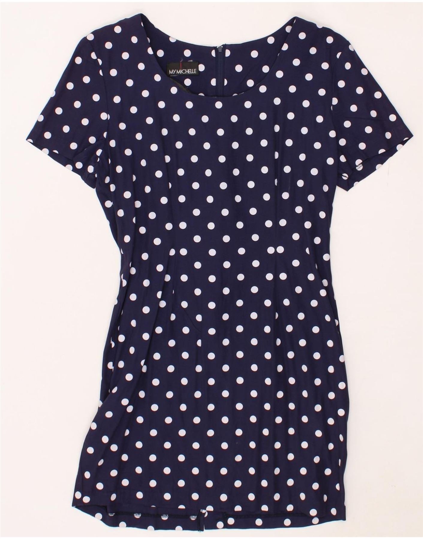 image of MICHELLE Womens Sheath Dress UK 12 Medium Navy Blue Polka Dot Acetate