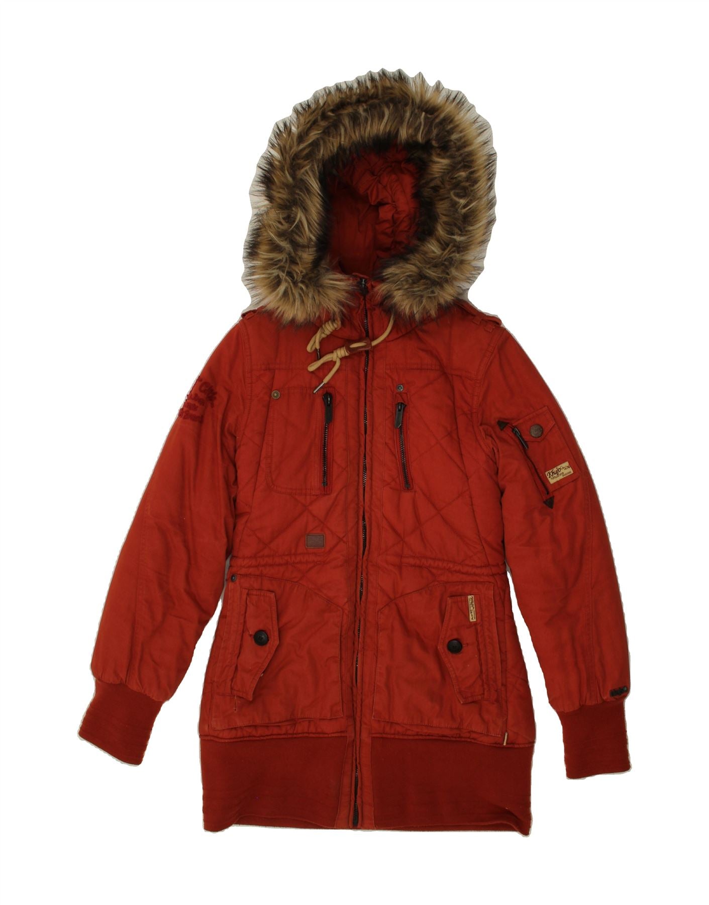image of KHUJO Womens Hooded Padded Coat UK 14 Large Red Cotton