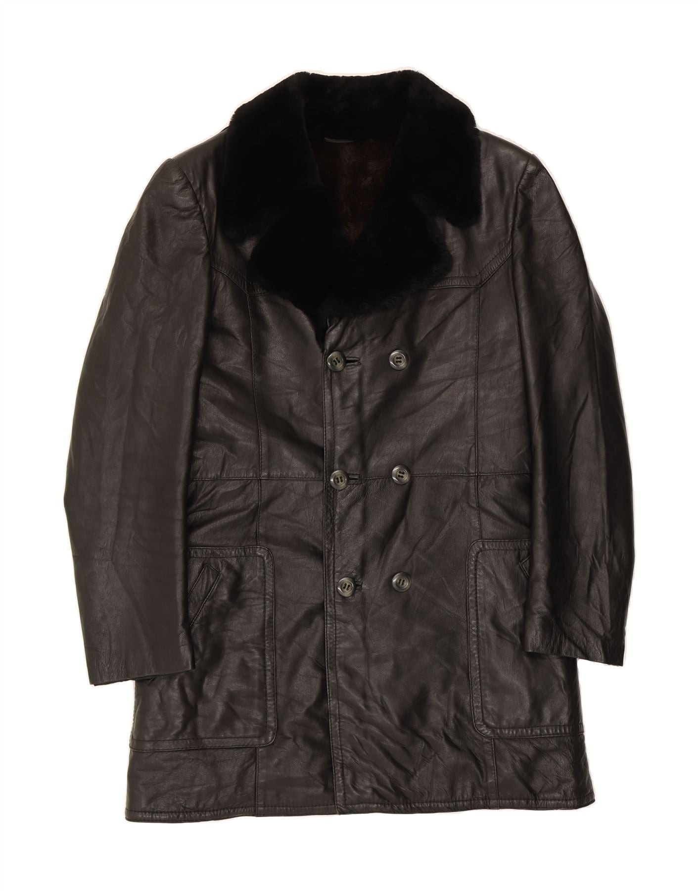 image of VINTAGE Mens Sherpa Double Breasted Leather Coat IT 52 XL Black