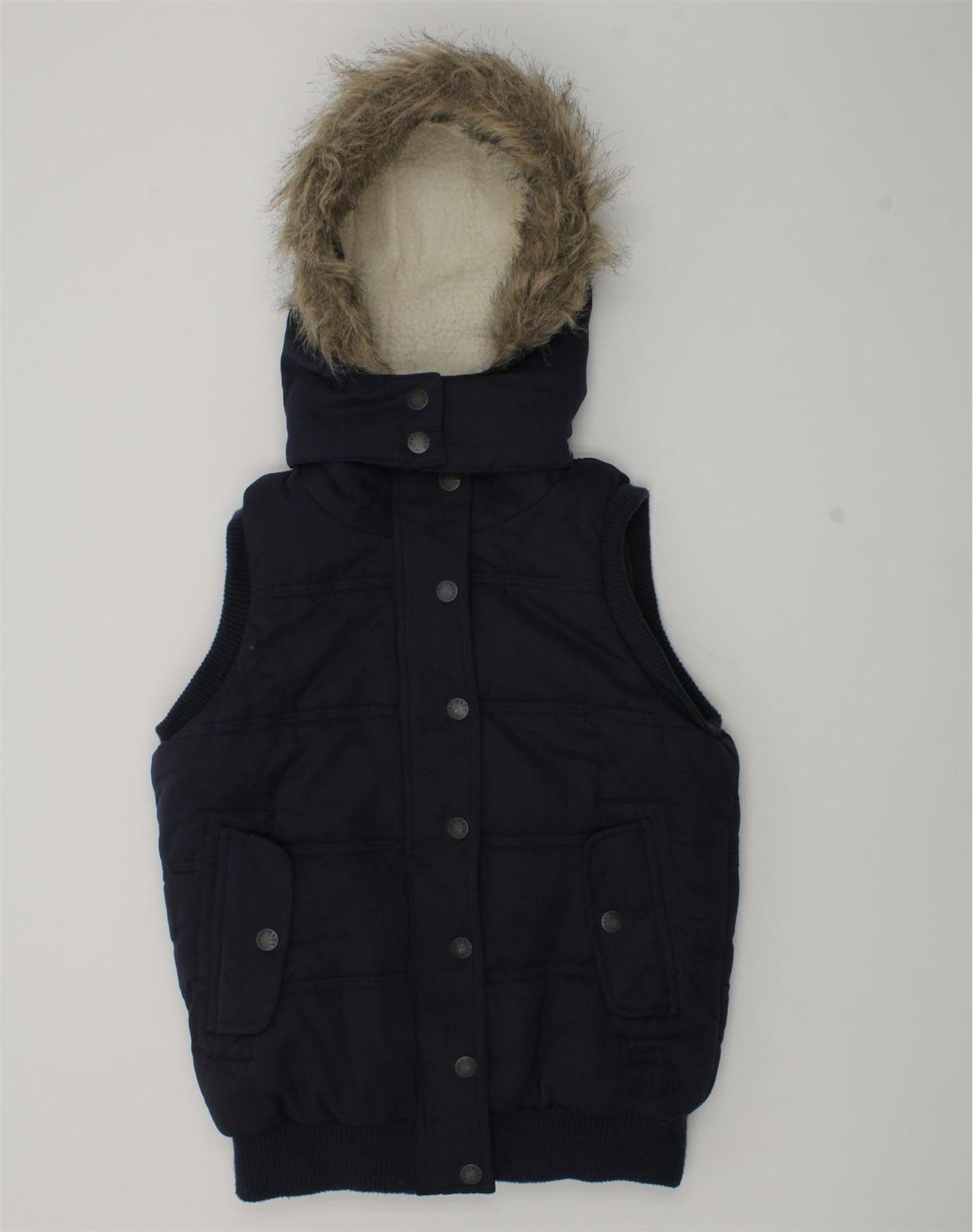 image of FAT FACE Boys Hooded Sherpa Padded Gilet 10-11 Years Navy Blue Polyester