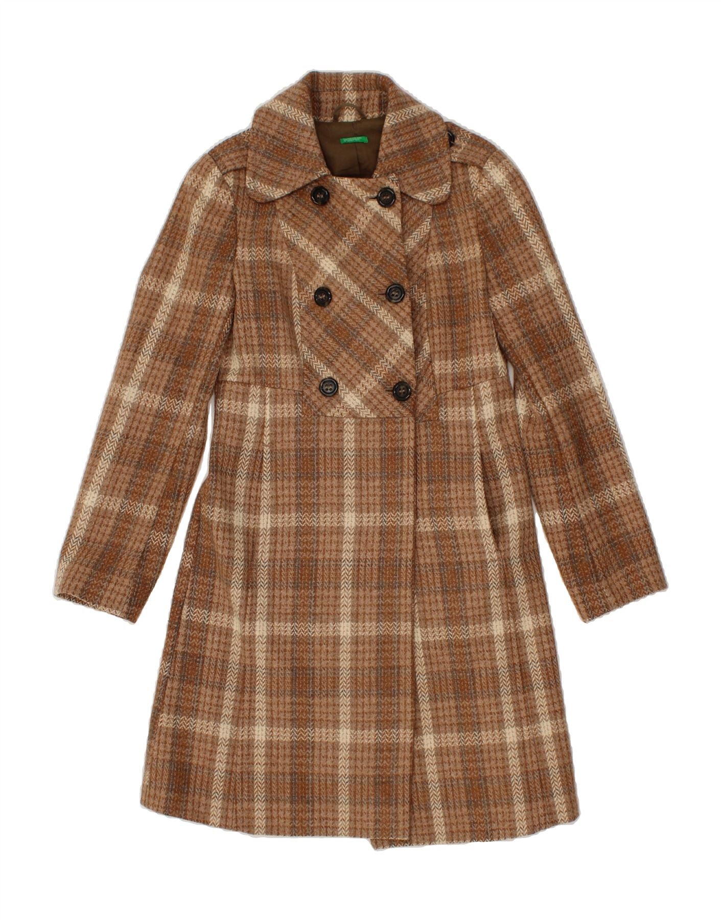 image of BENETTON Womens Double Breasted Coat IT 36 XS Brown Check Wool