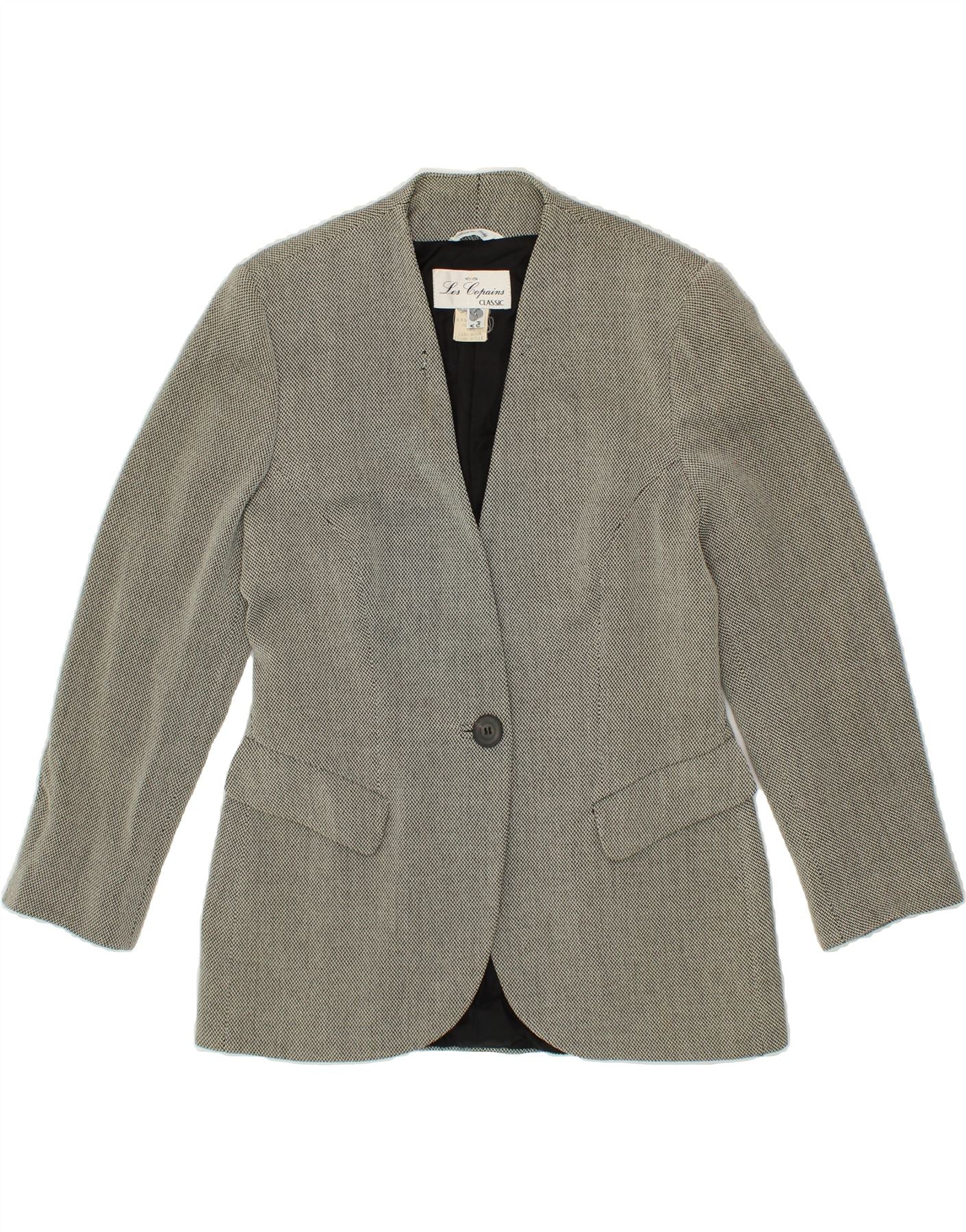 image of LES COPAINS Womens 1 Button Blazer Jacket UK 10 Small Grey Virgin Wool