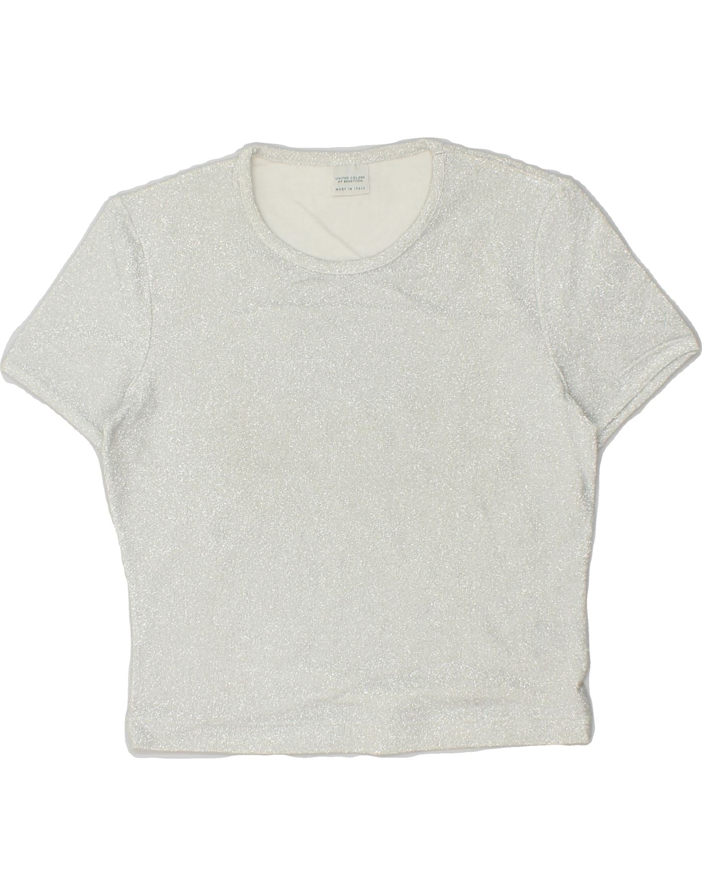 Image of BENETTON Womens Crop T-Shirt Top UK 10 Small Silver Cotton