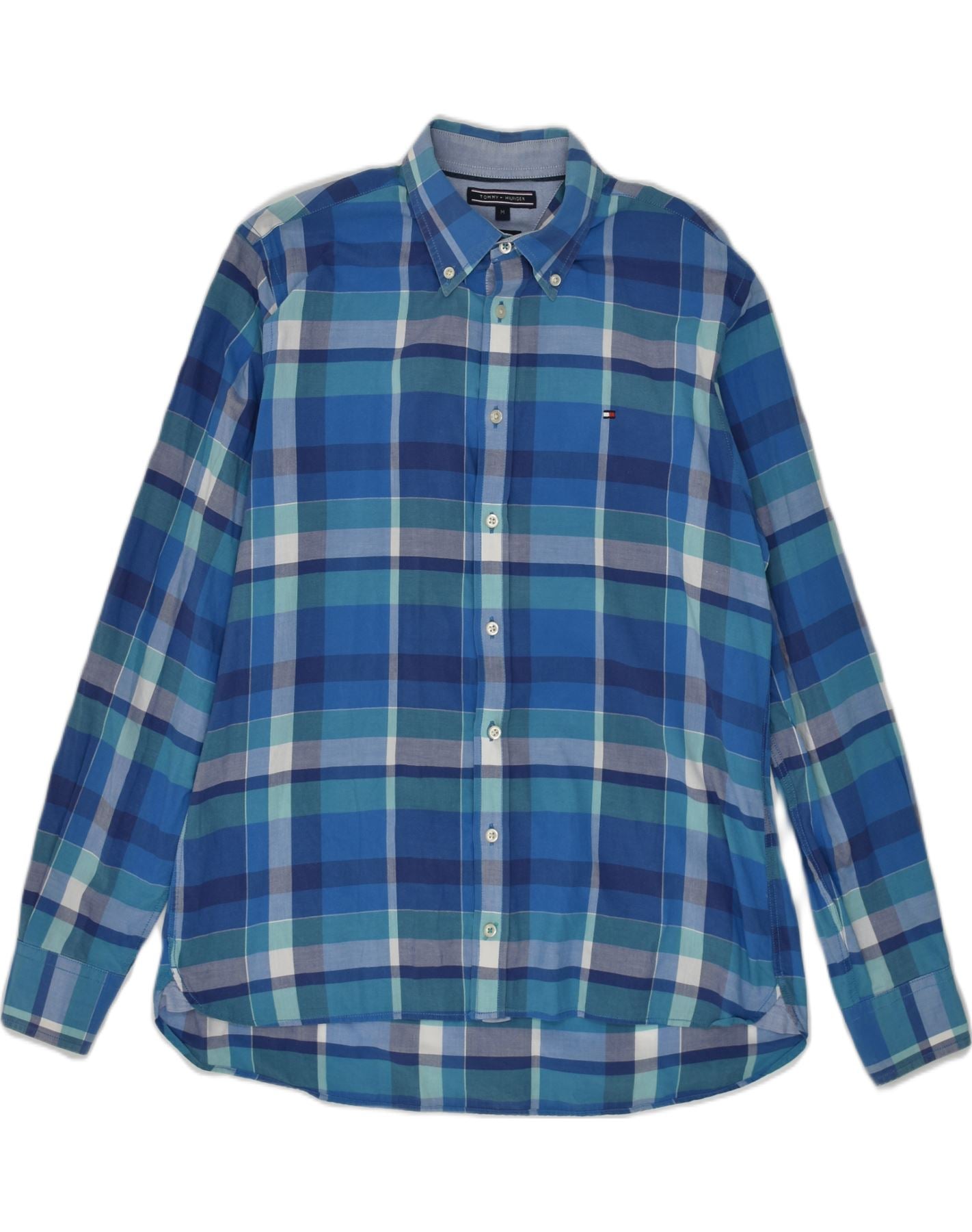 image of TOMMY HILFIGER Mens Custom Fit Shirt Medium Blue Check Cotton