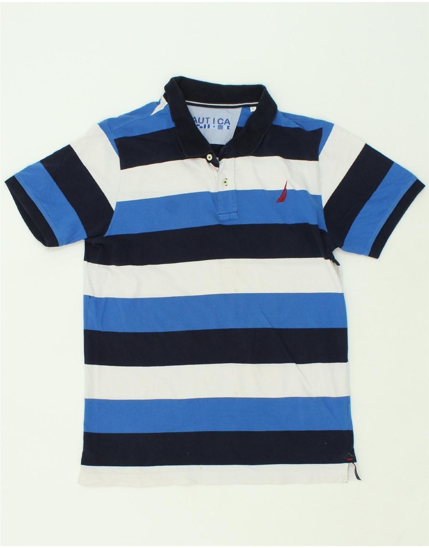 Image of NAUTICA Mens Polo Shirt Large Blue Striped Cotton