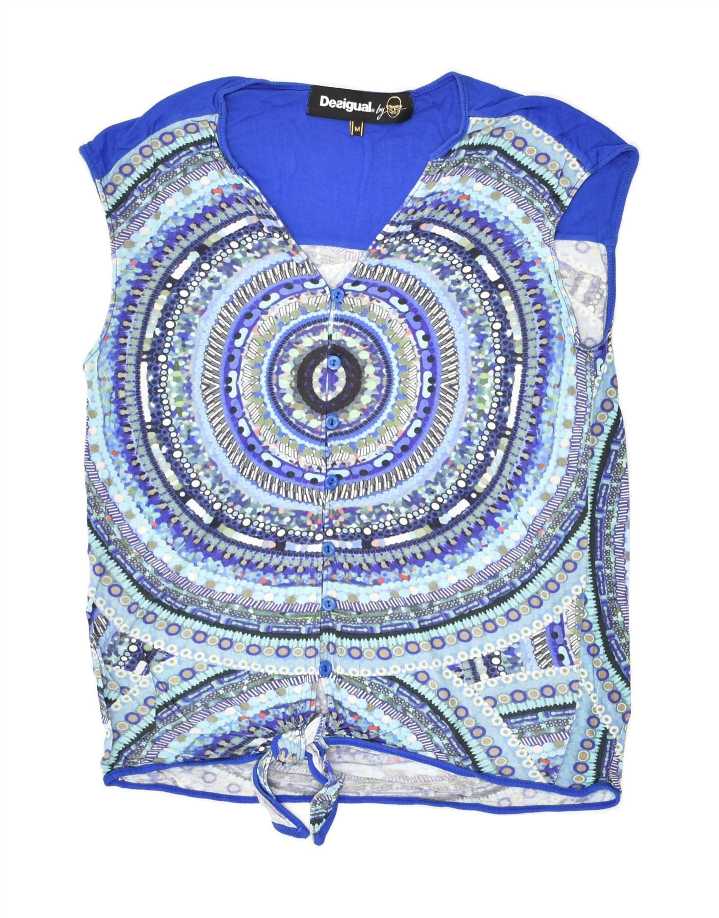 Image of DESIGUAL Womens Front Tie Sleeveless Shirt Blouse UK 12 Medium Blue