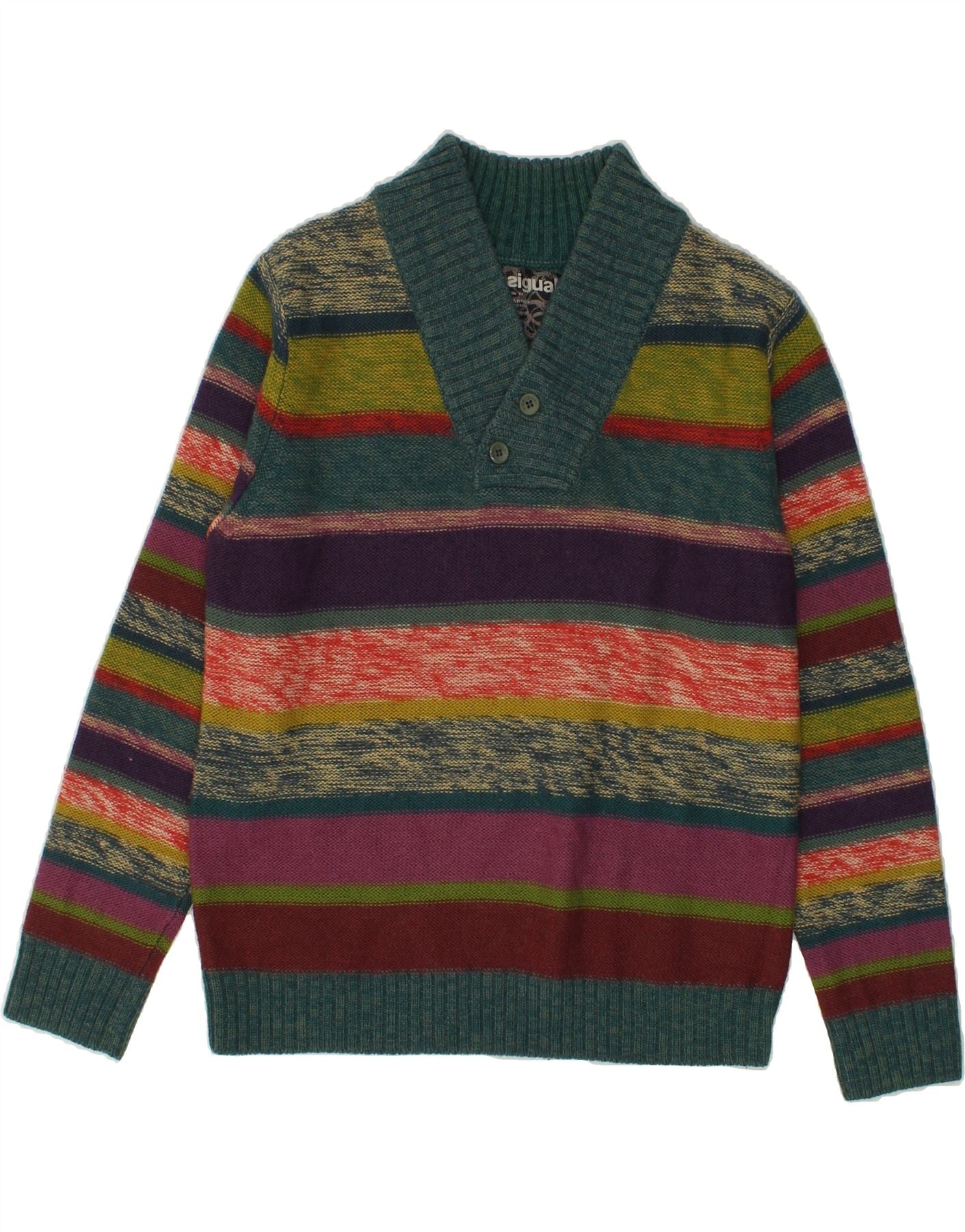 Image of DESIGUAL Mens Shawl Neck Jumper Sweater XL Multicoloured Striped Wool