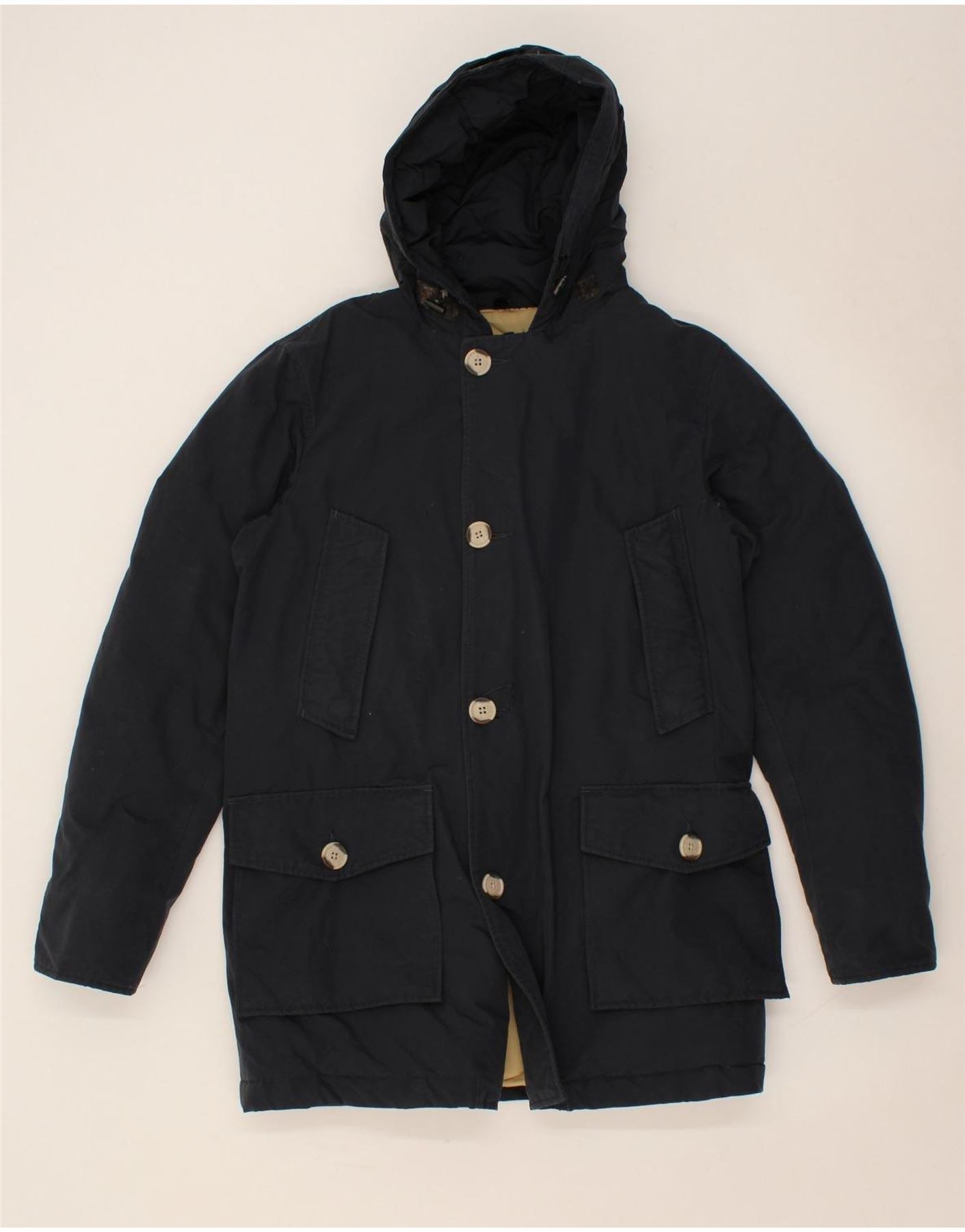 image of WOOLRICH Mens Hooded Padded Jacket UK 36 Small Navy Blue Cotton