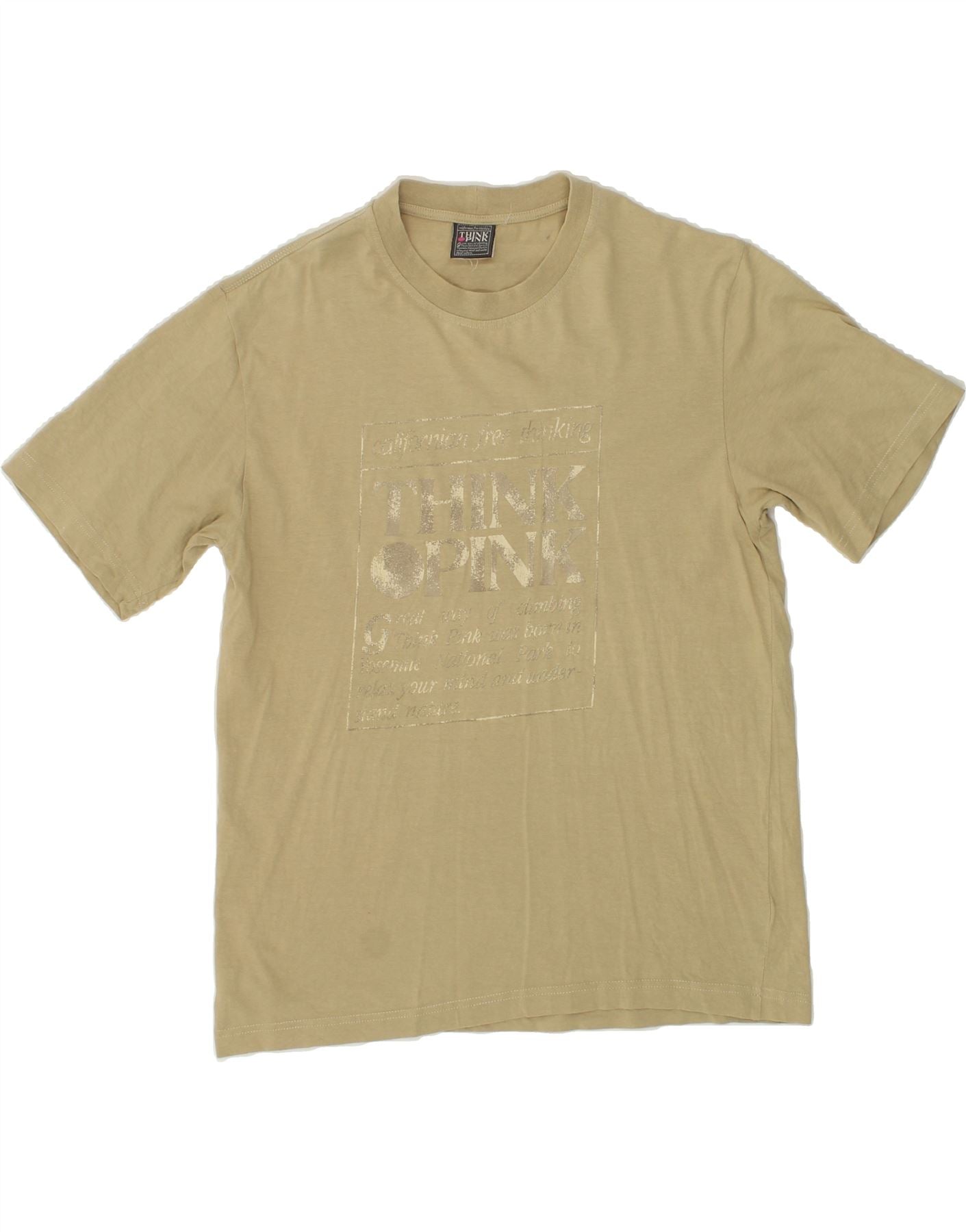 Image of THINK PINK Mens Graphic T-Shirt Top Small Beige Cotton