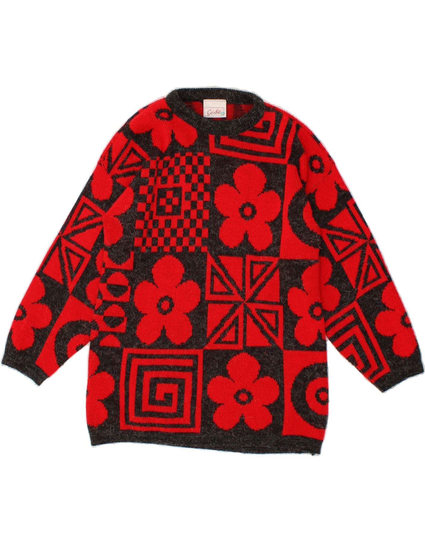 image of VINTAGE Womens Crew Neck Jumper Sweater One Size Red Patchwork Acrylic