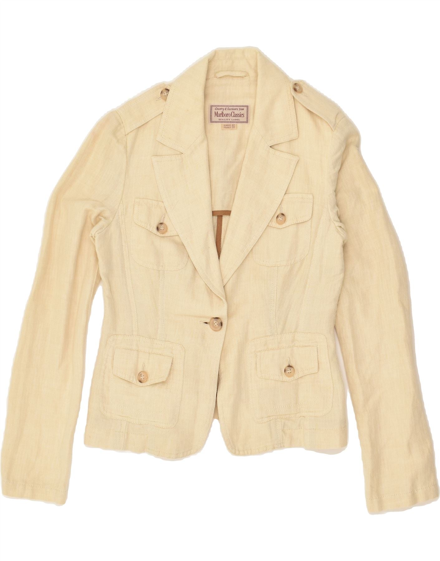 image of MARLBORO CLASSICS Womens 1 Button Blazer Jacket IT 42 Medium Beige Ramie