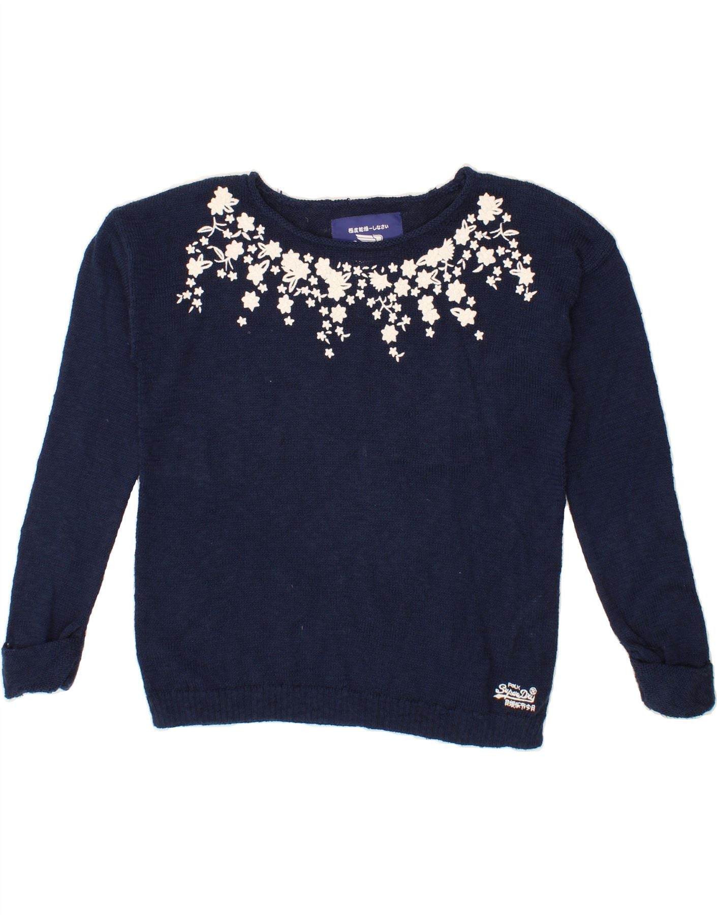 Image of SUPERDRY Womens Oversized Boat Neck Jumper Sweater UK 10 Small Navy Blue