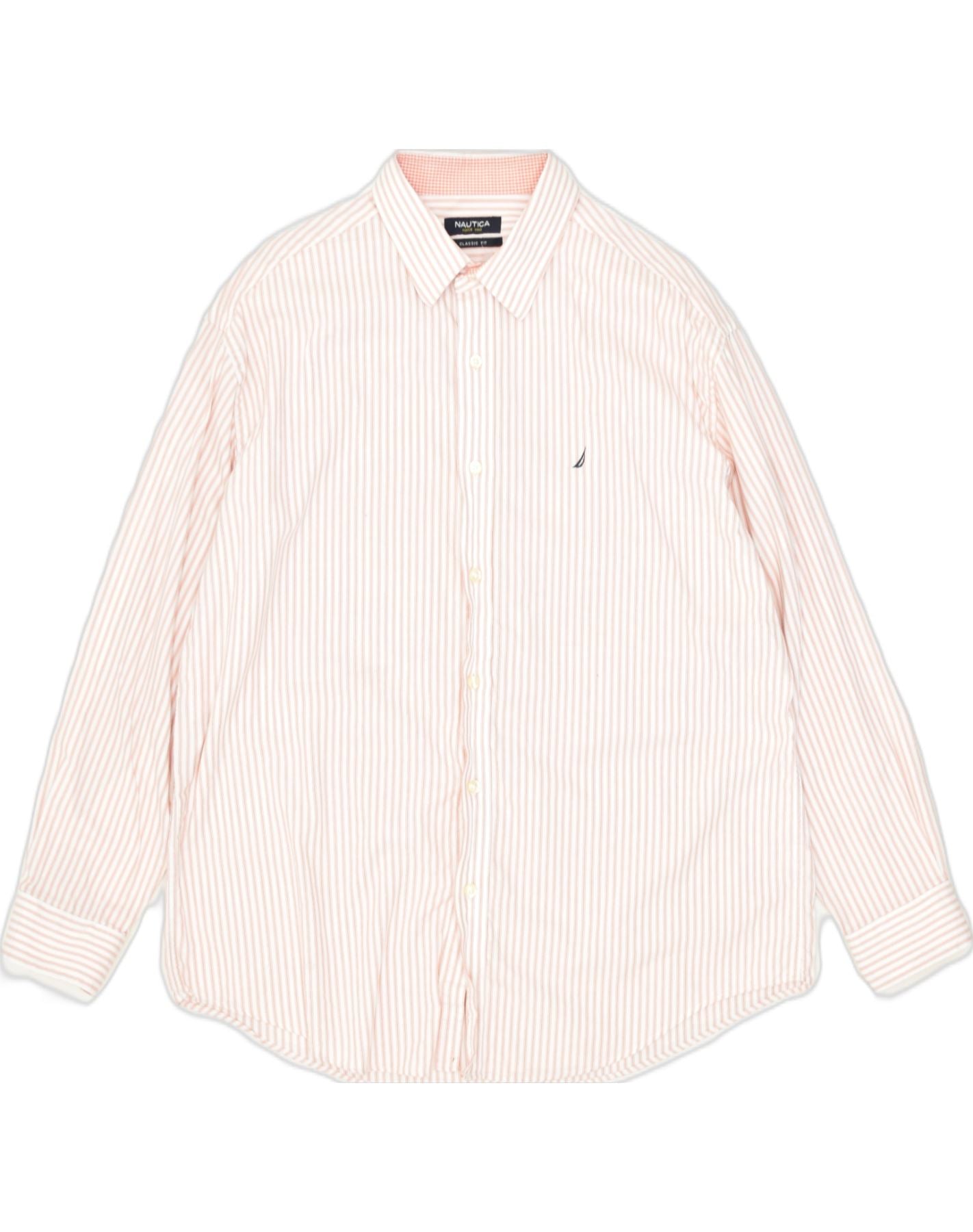 image of NAUTICA Mens Classic Fit Shirt Size 16 1/2 Large Pink Pinstripe Cotton