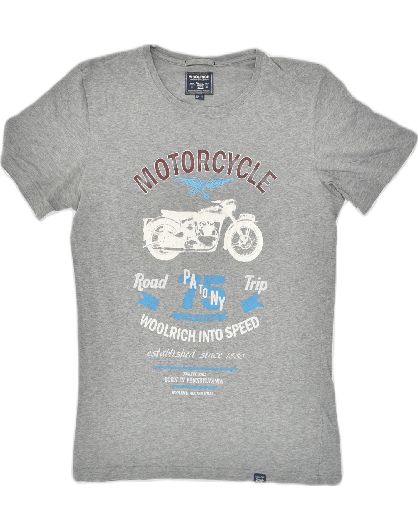 image of WOOLRICH Mens Motorcycle Graphic T-Shirt Top Small Grey Cotton