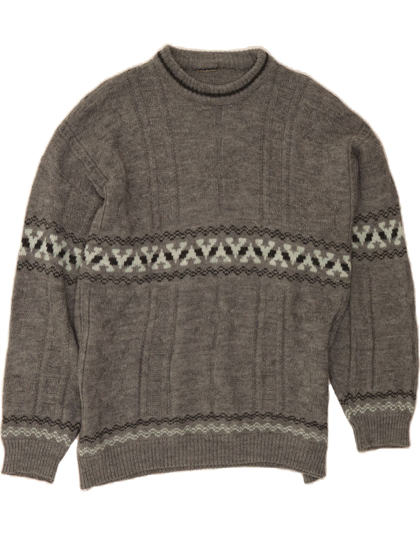 image of VINTAGE Mens Crew Neck Jumper Sweater Large Grey Fair Isle