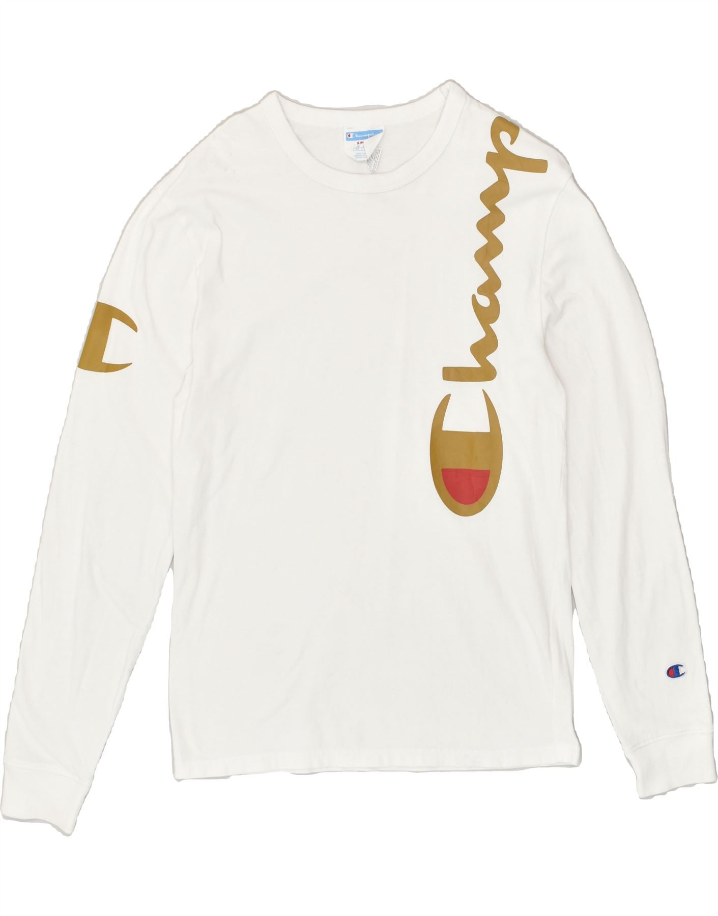 image of CHAMPION Mens Graphic Top Long Sleeve Small White Cotton