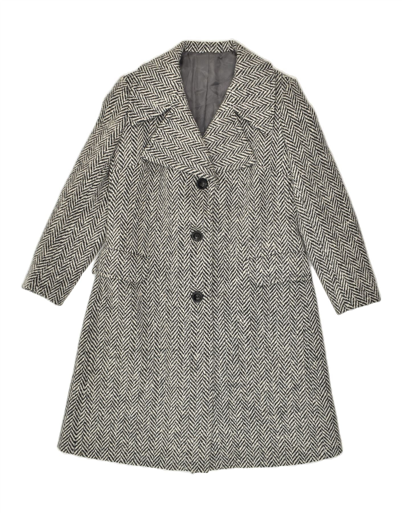 image of VINTAGE Womens Overcoat UK 14 Medium Grey Herringbone