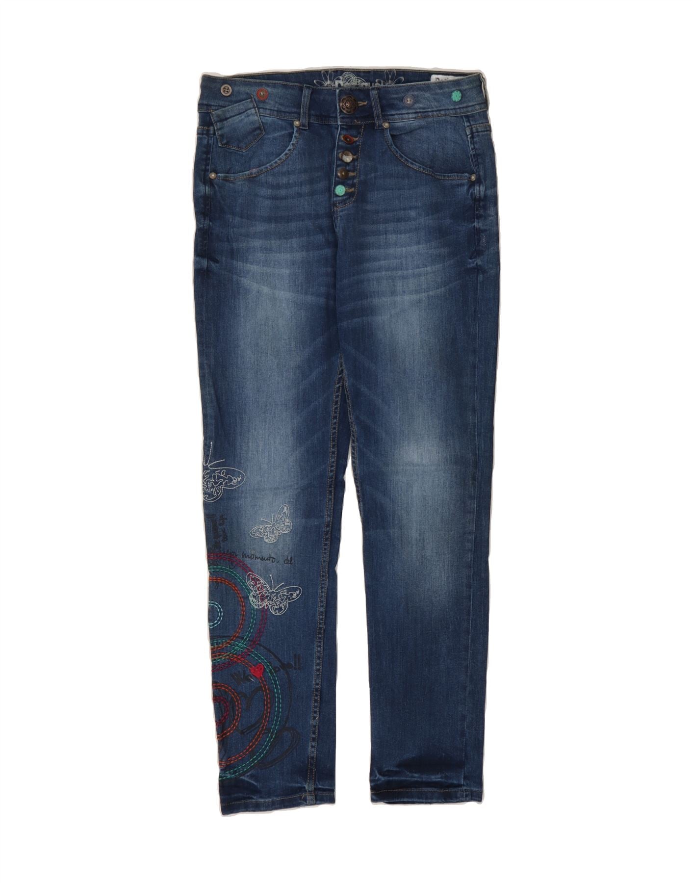 image of DESIGUAL Womens Boyfriend Fit Graphic Tapered Jeans W28 L28 Blue Polyester