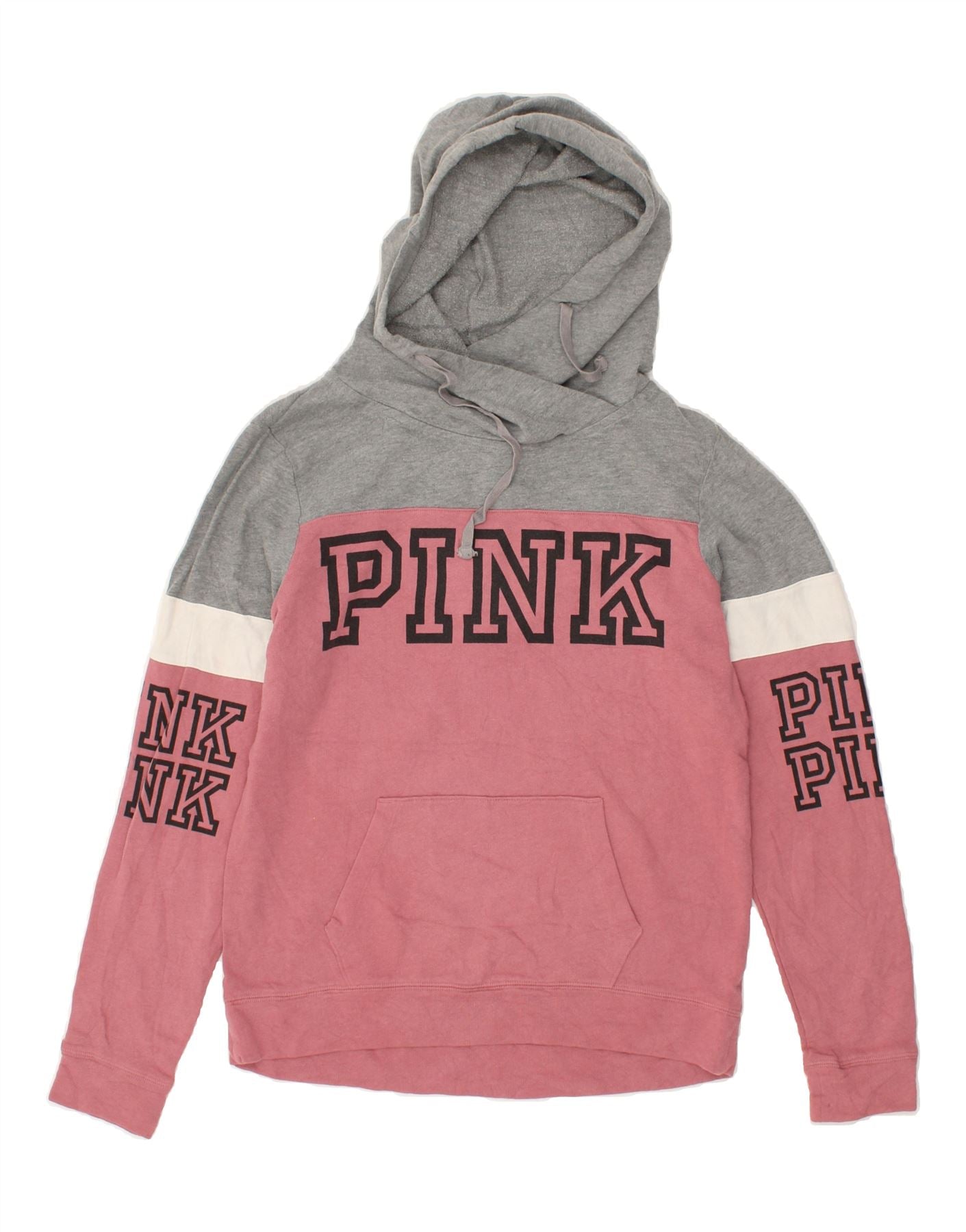 Image of PINK Womens Graphic Hoodie Jumper UK 6 XS Pink Colourblock Cotton