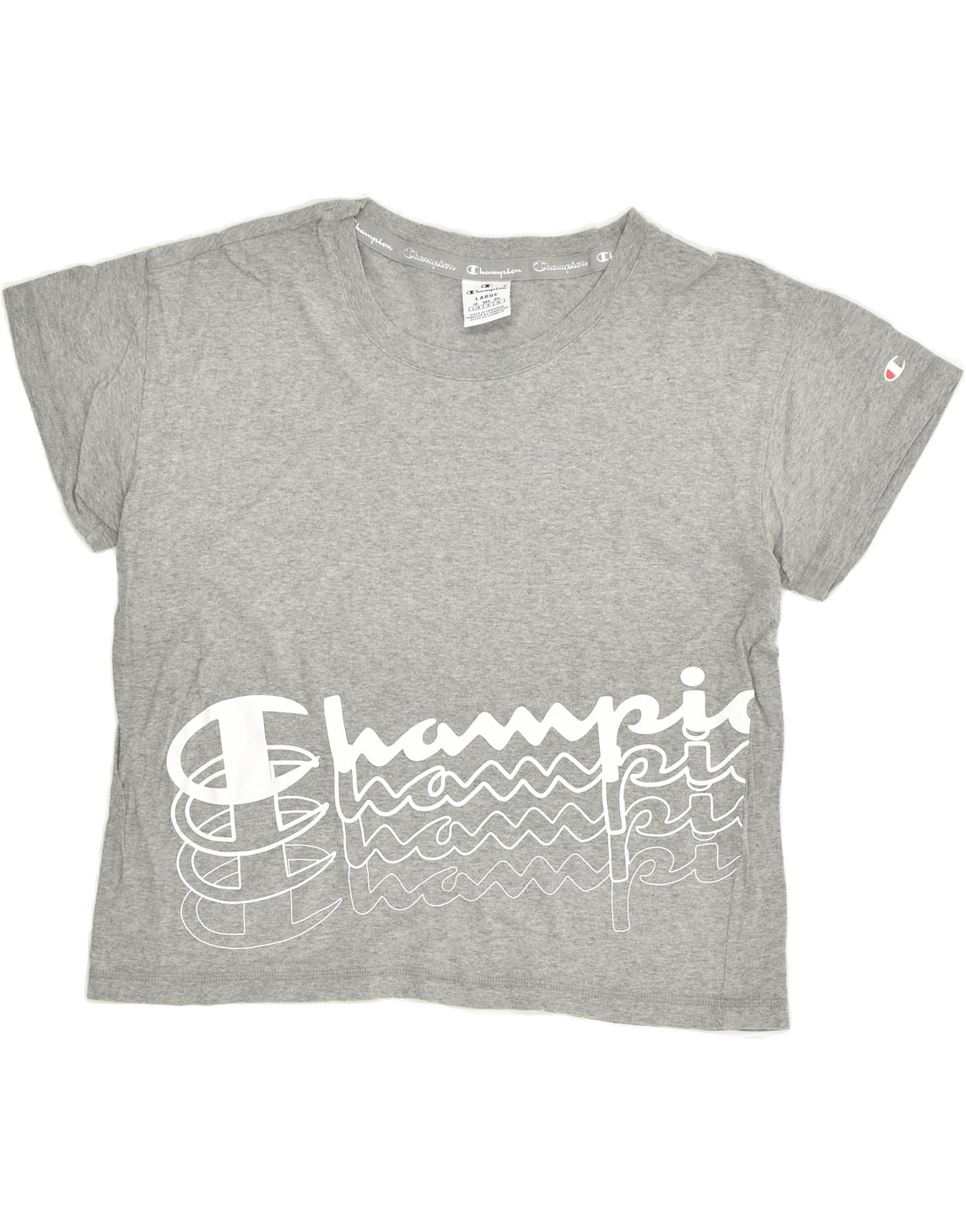 Image of CHAMPION Womens Crop Graphic T-Shirt Top UK 16 Large Grey Cotton