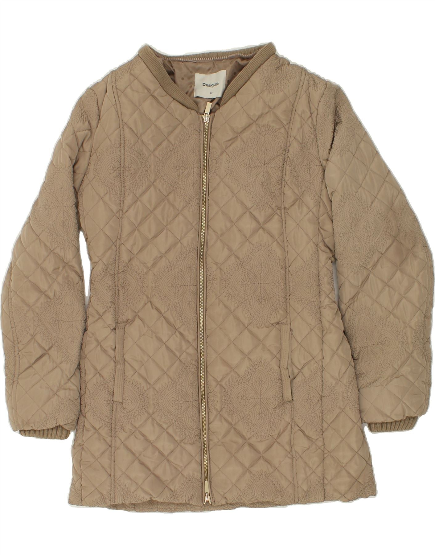 image of DESIGUAL Womens Abstract Pattern Quilted Padded Jacket EU 42 Large Beige