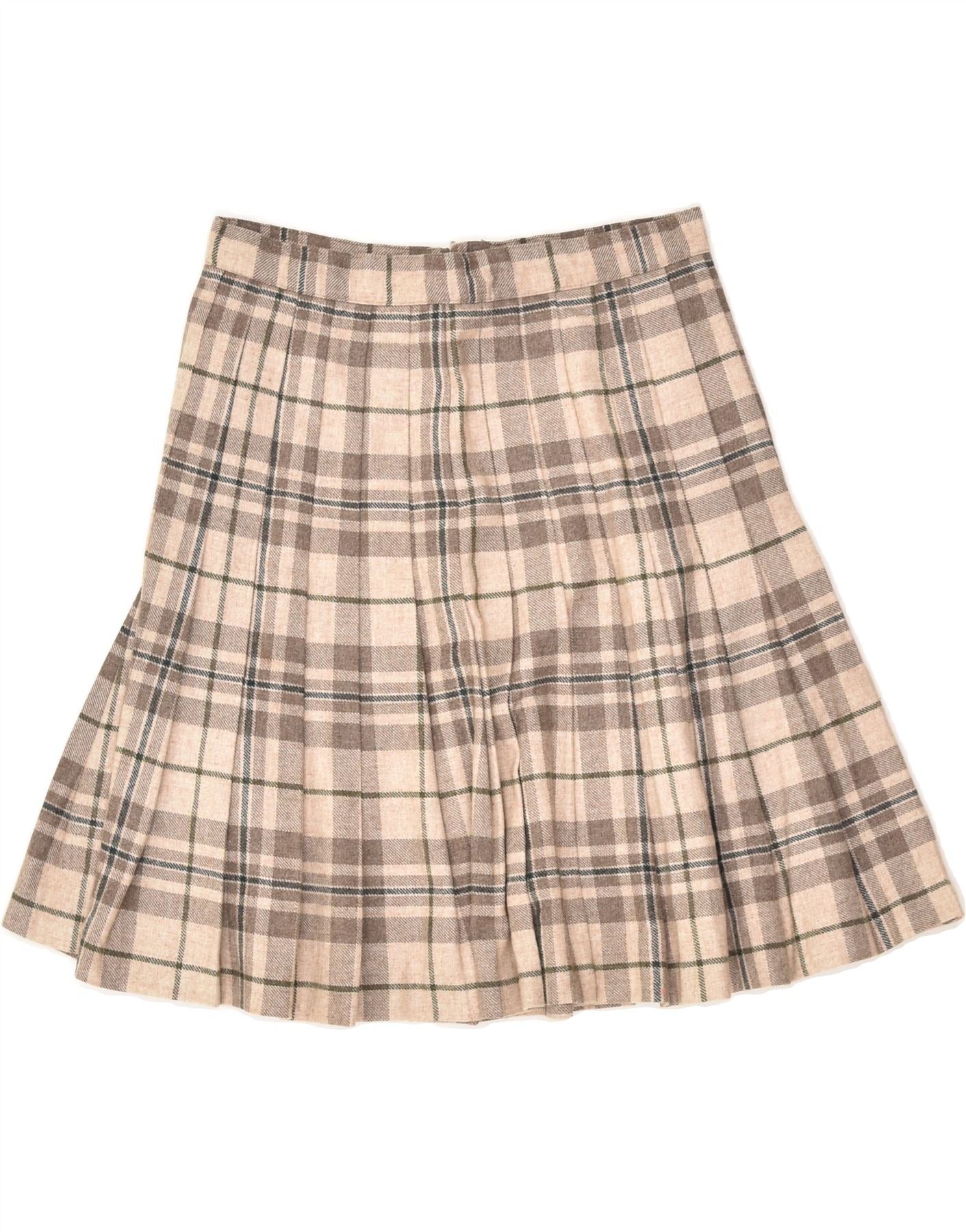 image of VINTAGE Womens Pleated Skirt IT 44 Medium W28  Beige Plaid Wool