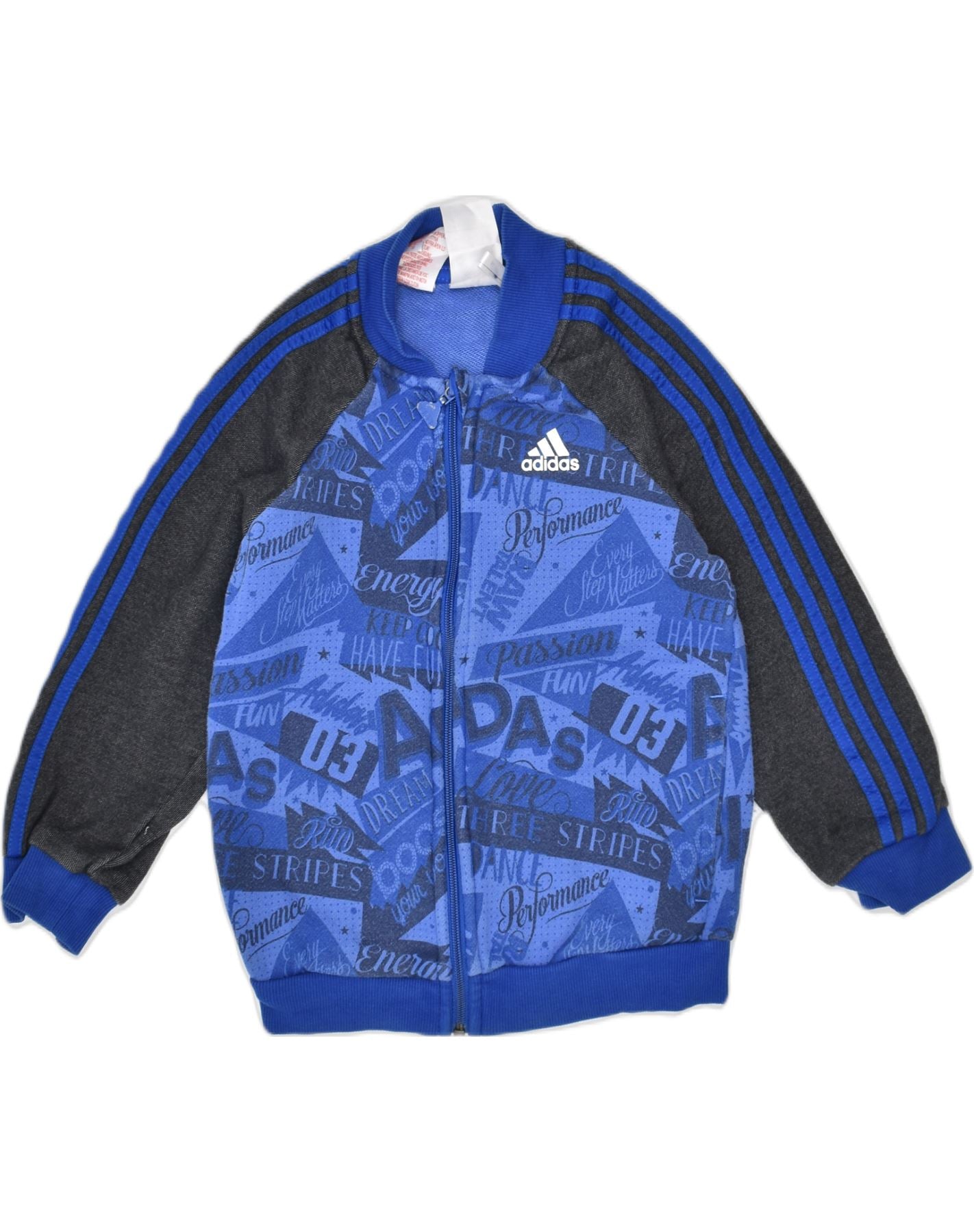 ADIDAS Boys Crazy Pattern Tracksuit Top Jacket 3-4 Years Blue Colourblock