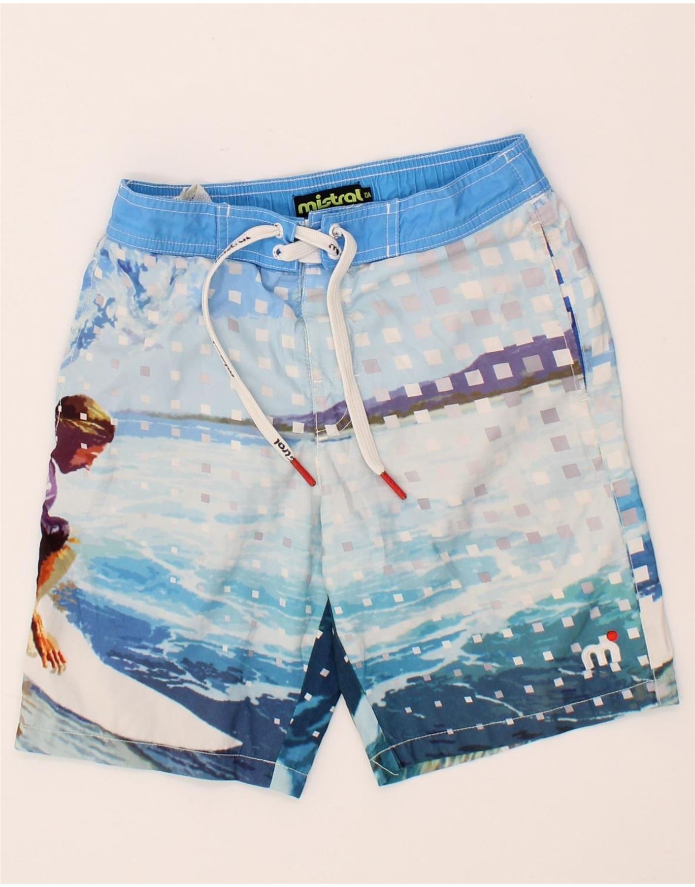 Image of MISTRAL Boys Graphic Swimming Shorts 9-10 Years Blue Geometric Polyester