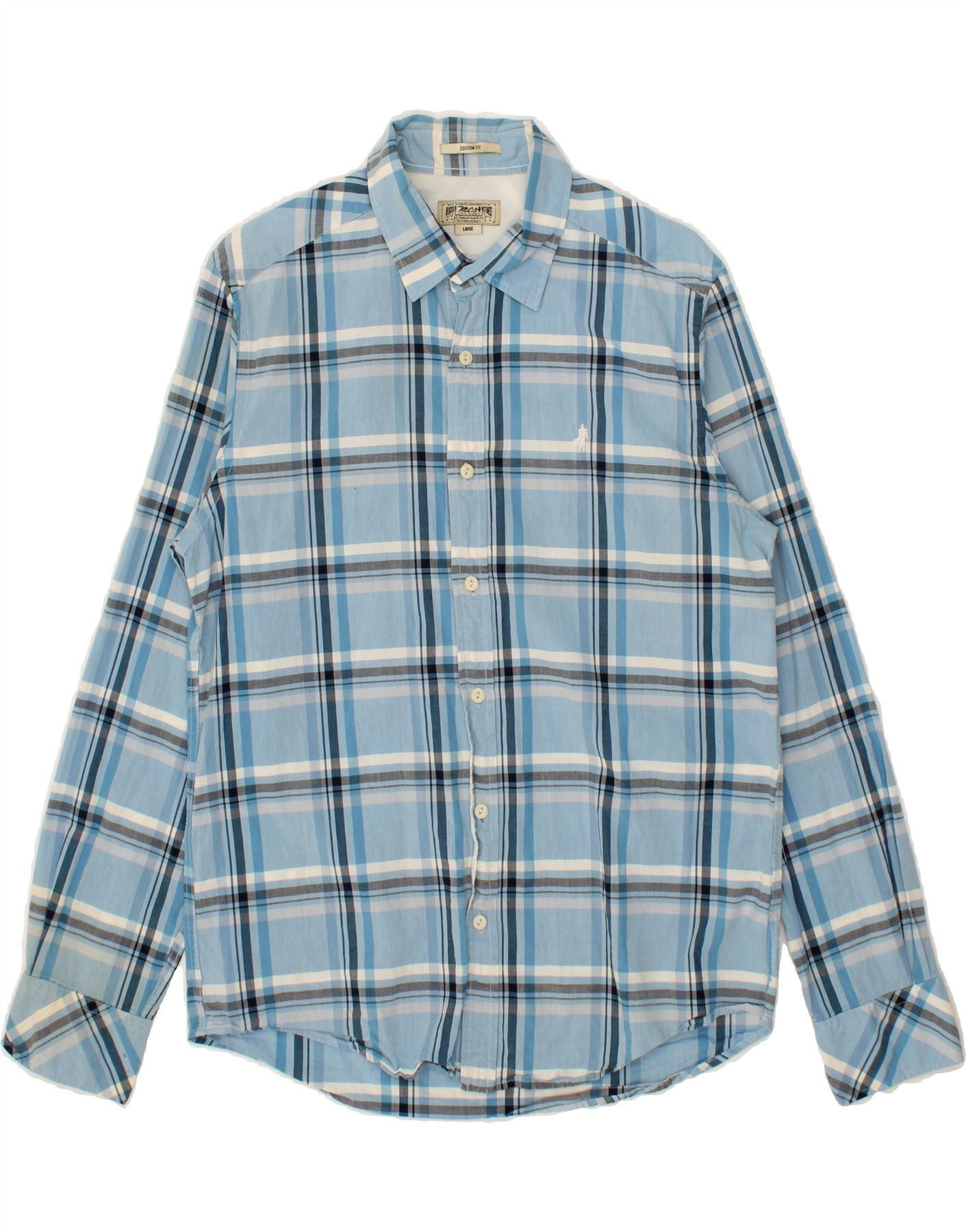 Image of MARLBORO CLASSICS Mens Custom Fit Shirt Large Blue Plaid Cotton