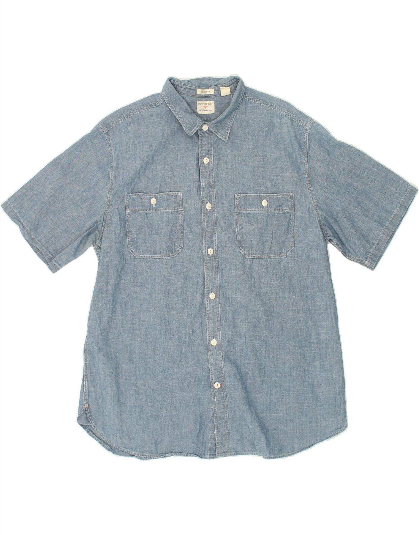 Image of DOCKERS Mens Classic Fit Short Sleeve Shirt Large Blue Cotton