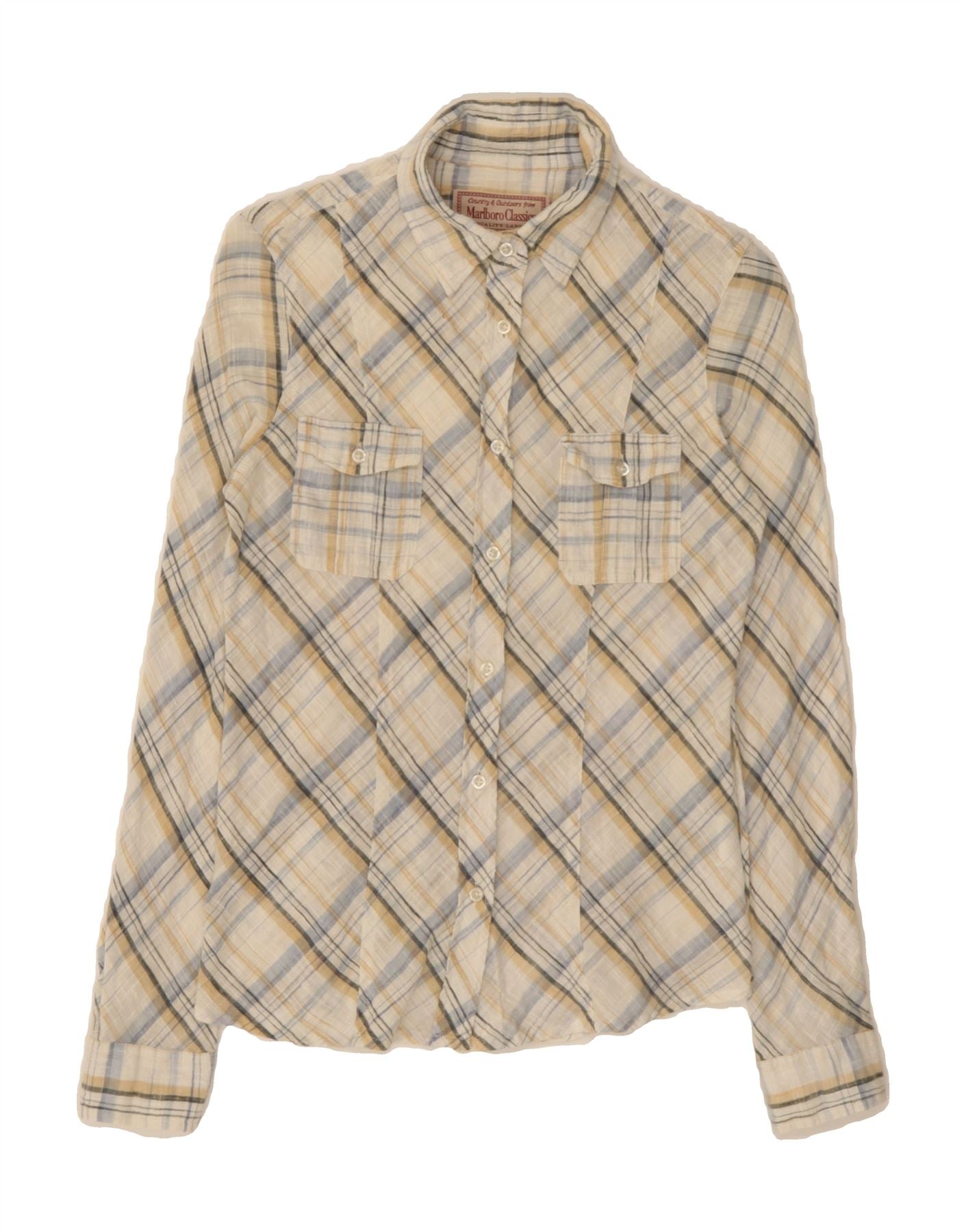 image of MARLBORO CLASSICS Womens Slim Fit Shirt UK 10 Small Beige Check Cotton
