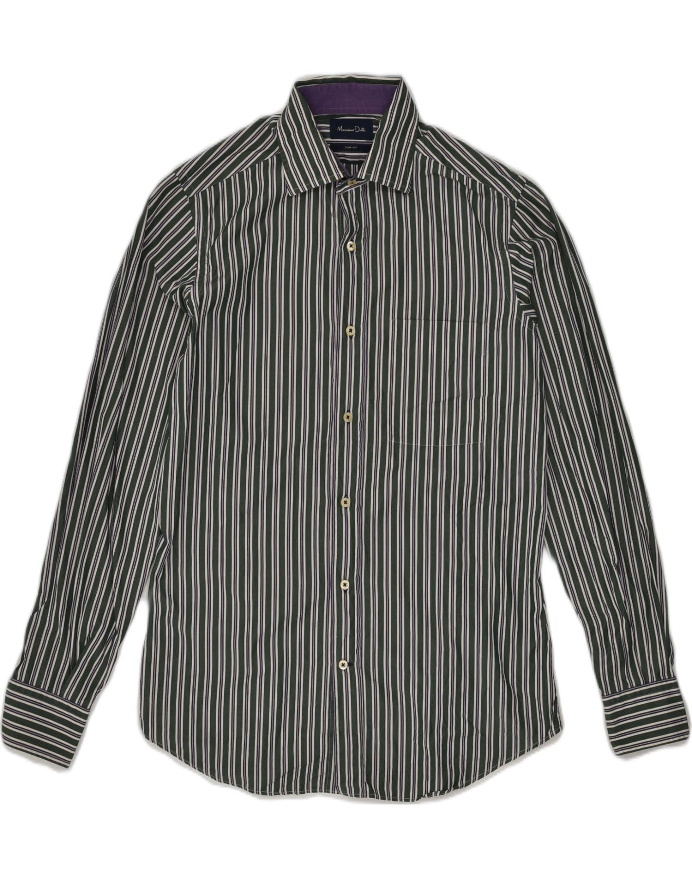 image of MASSIMO DUTTI Mens Slim Fit Shirt Small Green Striped Cotton