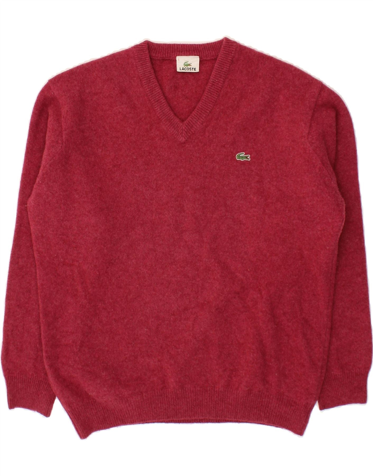 image of LACOSTE Mens V-Neck Jumper Sweater Size 6 XL Burgundy Virgin Wool